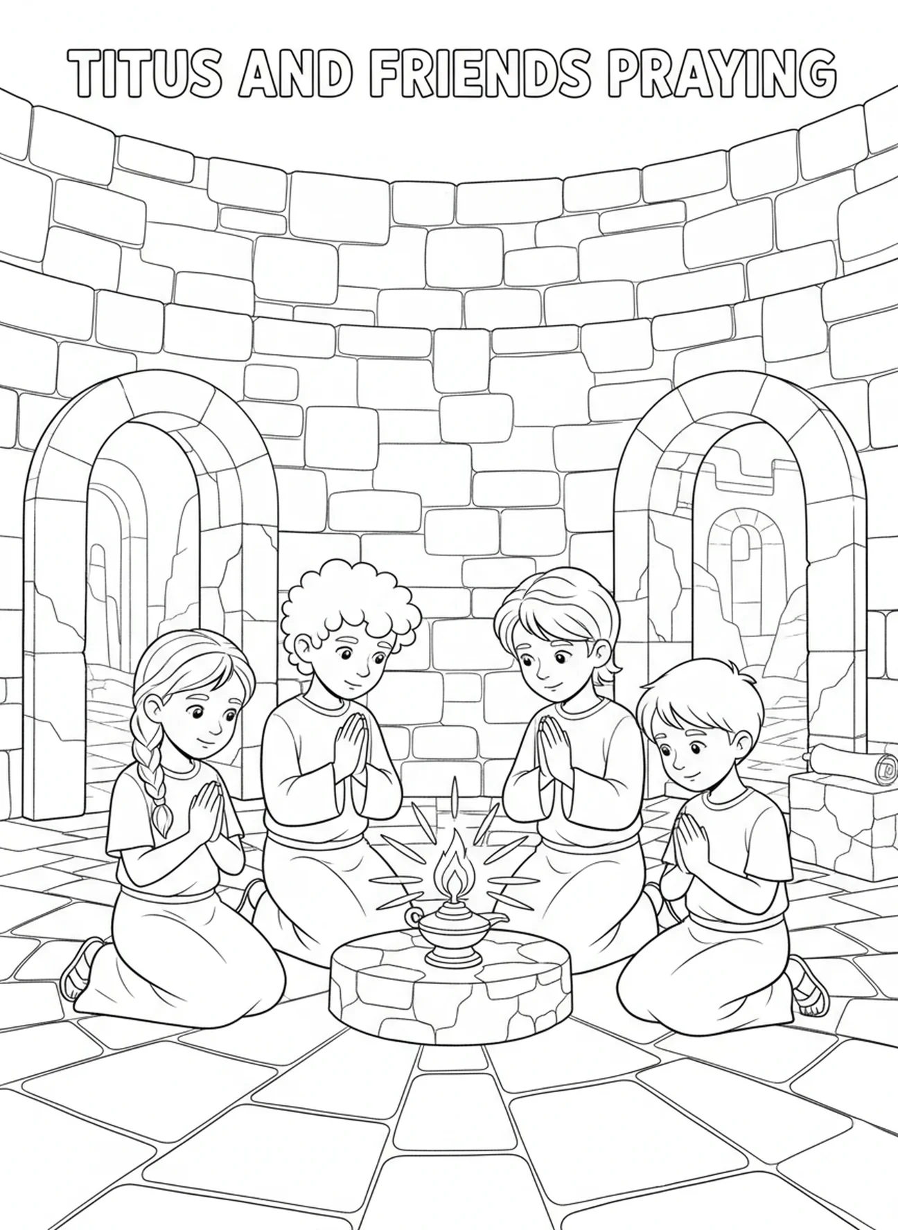 Titus priant avec des amis, page à colorier Titus pour les enfants de l'École du dimanche âgés de 5 à 12 ans.