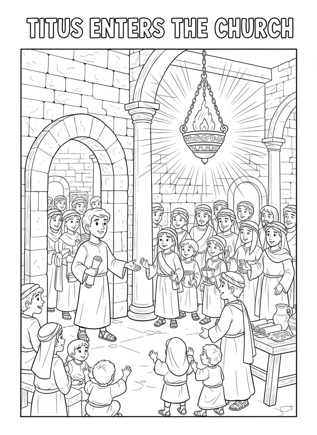 Titus entrant dans l'église, page à colorier de Titus pour les enfants de catéchisme âgés de 5 à 12 ans.
