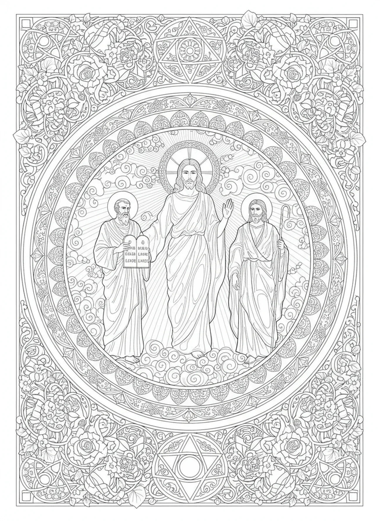 Leuchtender Jesus mit Elia und Mose, Ausmalbild zur Verklärung im Stil des Bibeljournaling für Erwachsene.