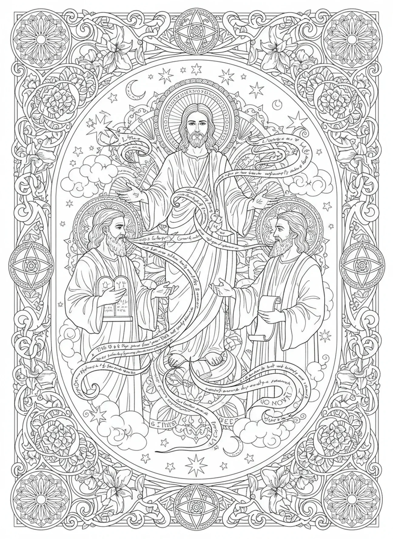 Jesus im Gespräch mit Mose und Elia, Ausmalbild zur Verklärung im Stil des Bibel-Journalings für Erwachsene.