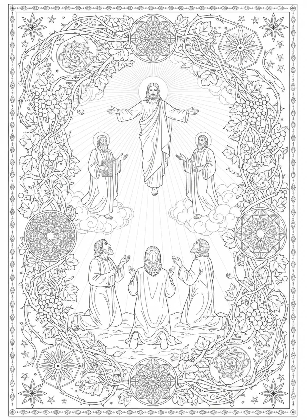 Peter, Jakobus und Johannes, Verklärung Ausmalbild für Erwachsene im Bibel-Journaling-Stil.