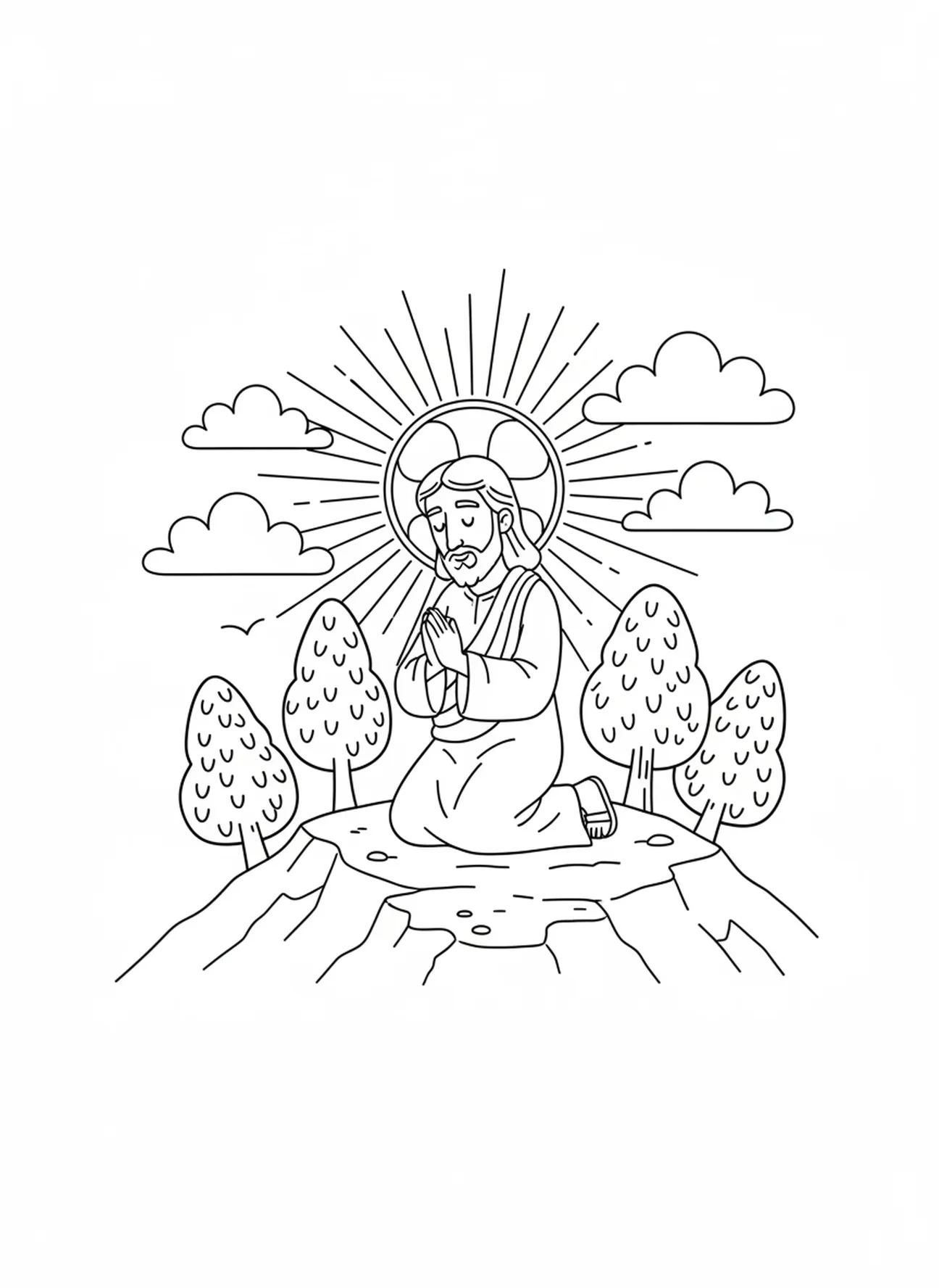 Jezus modlący się, kolorowanka o Przemienieniu dla dzieci w wieku 5-10 lat.