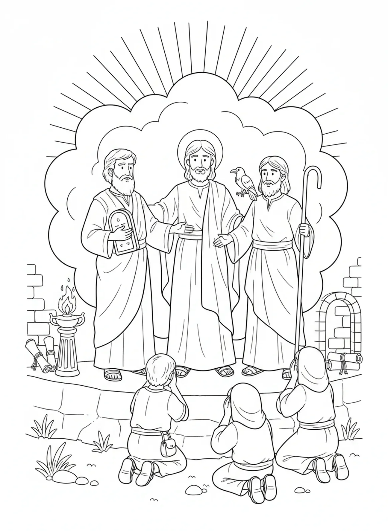 Nuvem brilhante, página de colorir da Transfiguração para crianças da Escola Dominical de 5 a 12 anos.