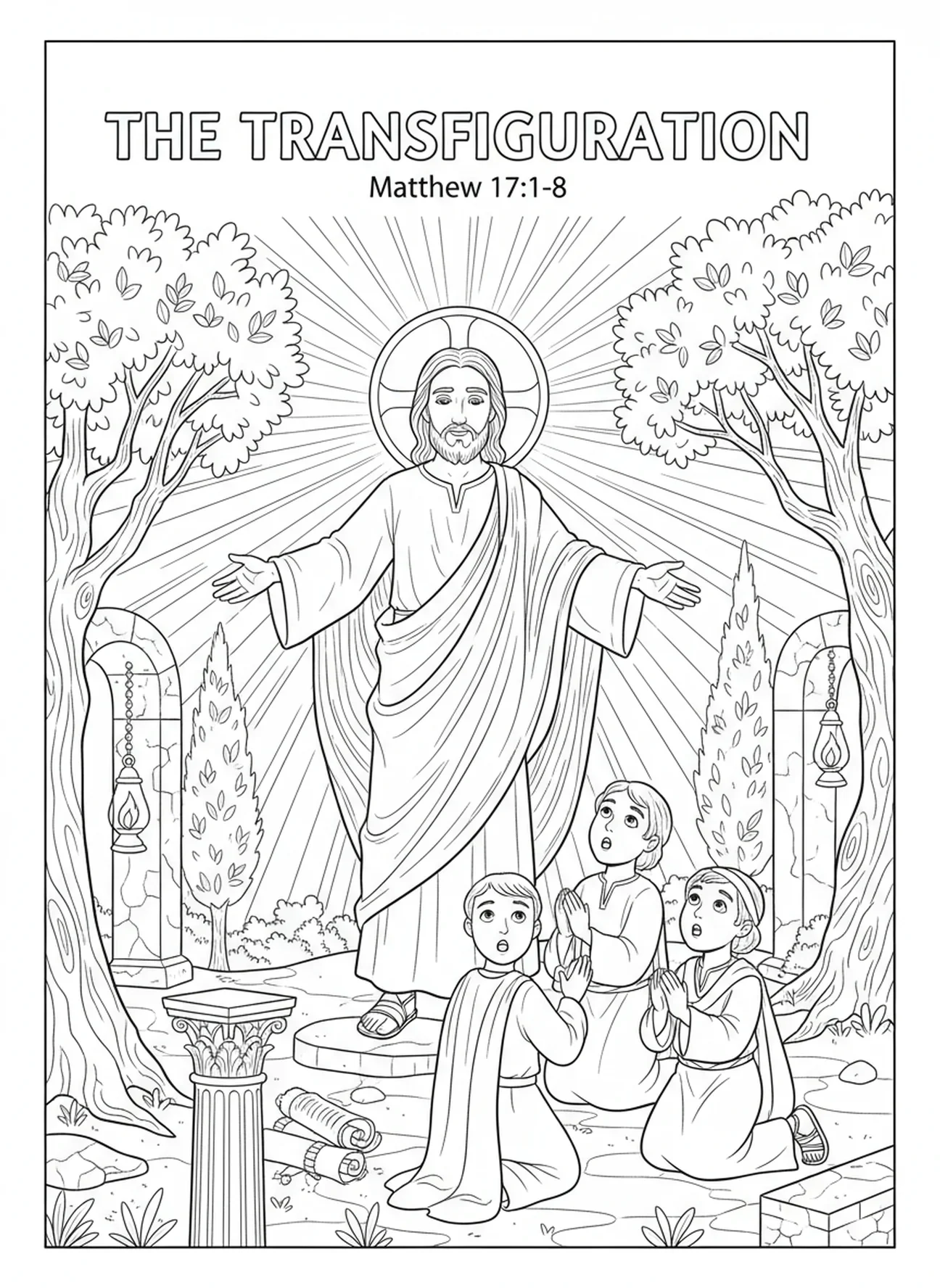 Jesus Resplandecente, página de colorir da Transfiguração para crianças da Escola Dominical de 5 a 12 anos.