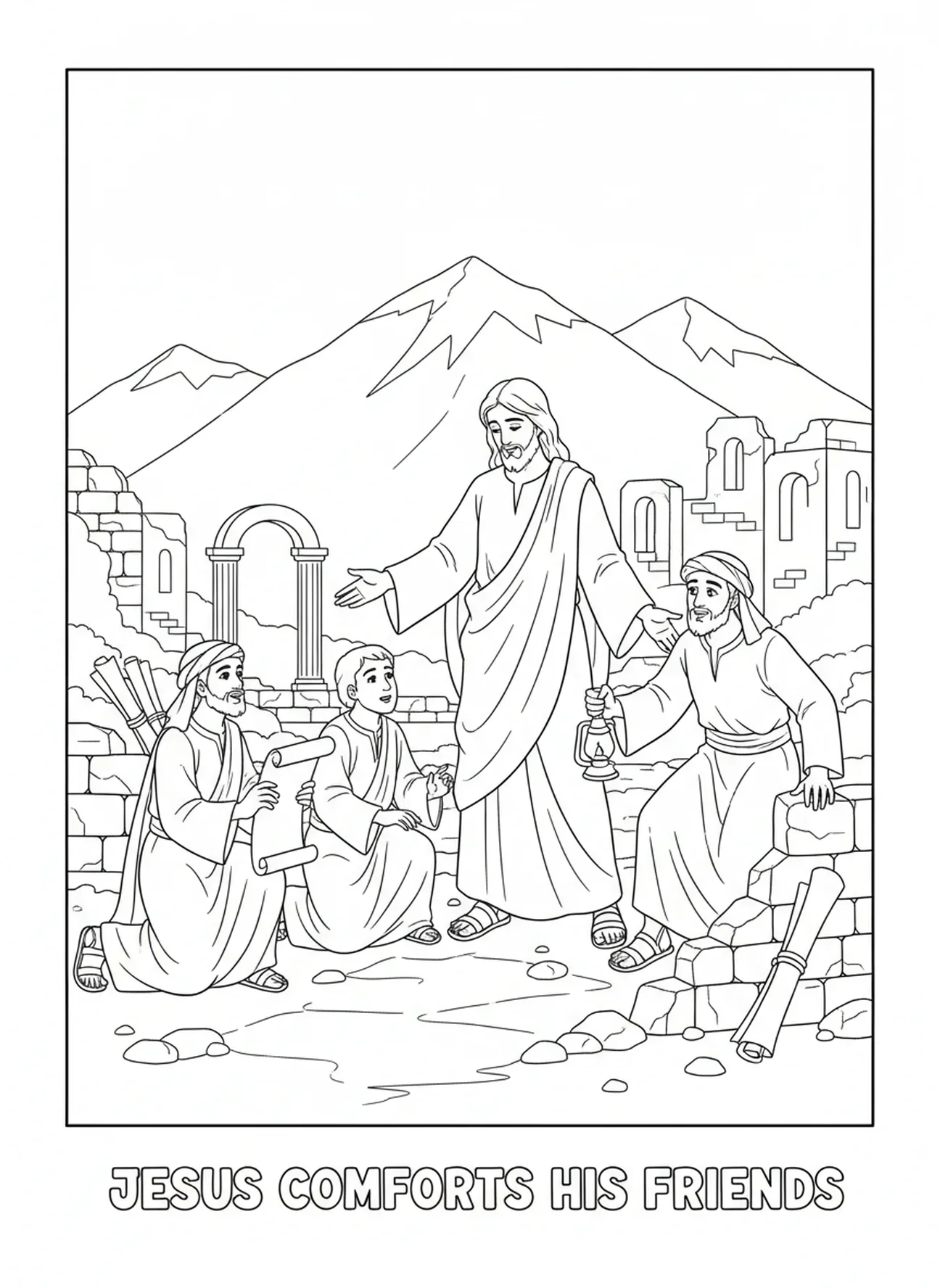 Jesus confortando os discípulos, página para colorir sobre a Transfiguração para crianças da Escola Dominical de 5 a 12 anos.