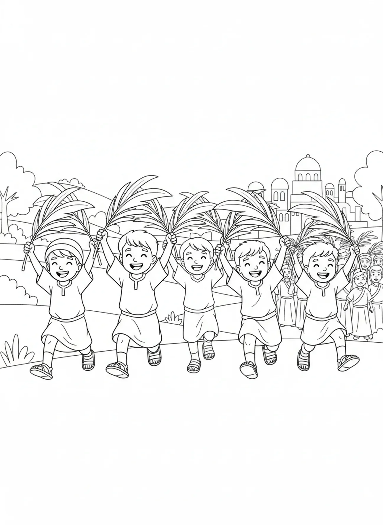Enfants heureux, page à colorier de la foule lors de l'Entrée triomphale agitant des branches de palmier pour les enfants de 5 à 10 ans.