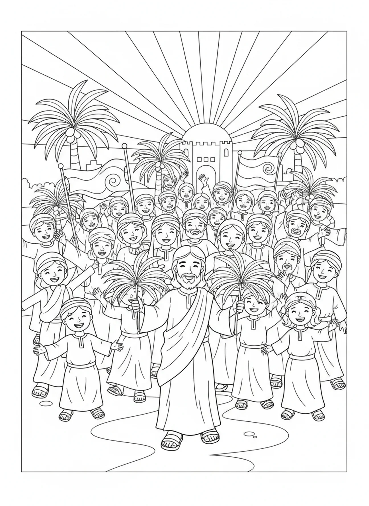 Foule joyeuse, page à colorier de l'Entrée triomphale avec des branches de palmier pour les enfants de 5 à 10 ans.