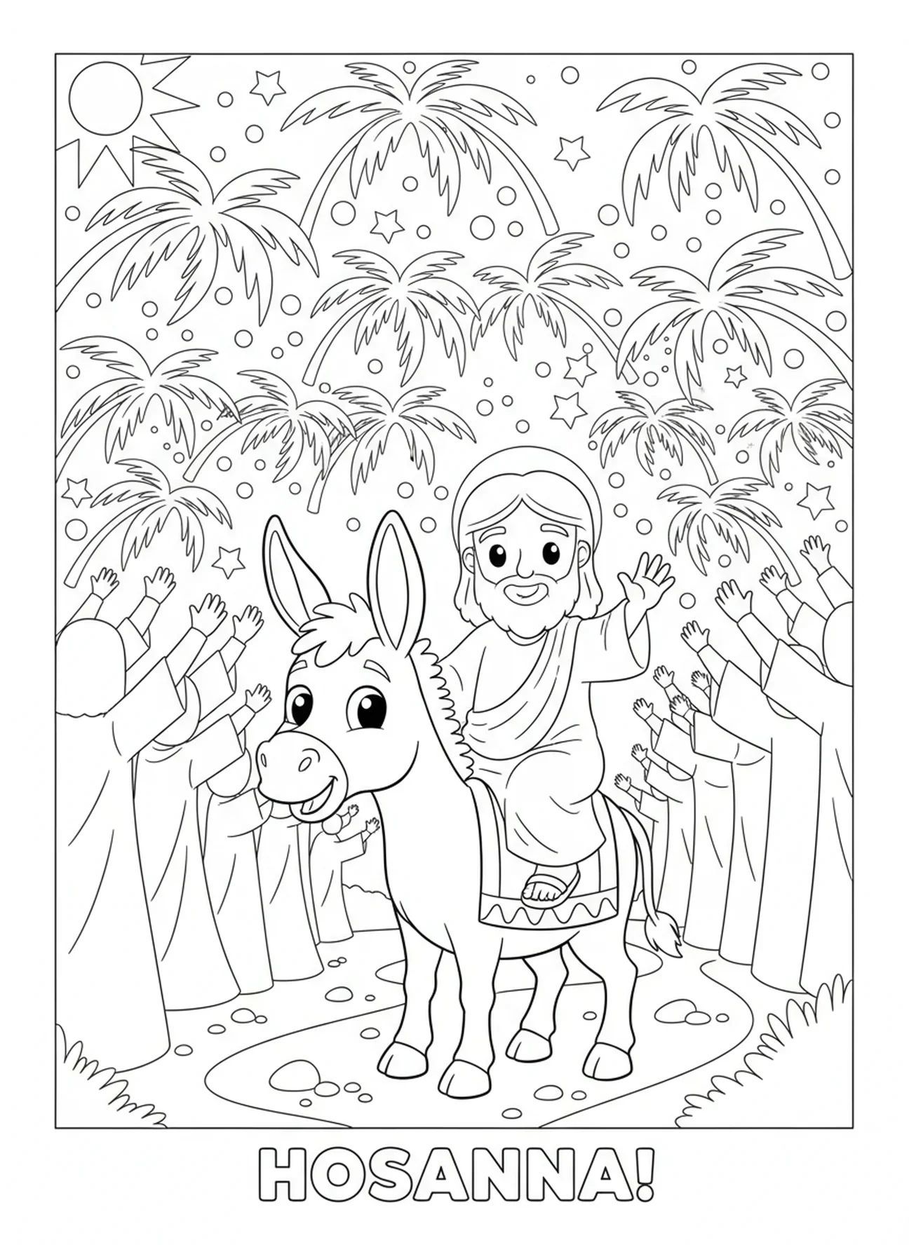 Âne avec des branches de palmier, page à colorier de la foule acclamant l'entrée triomphale avec des branches de palmier pour les enfants de 5 à 10 ans.