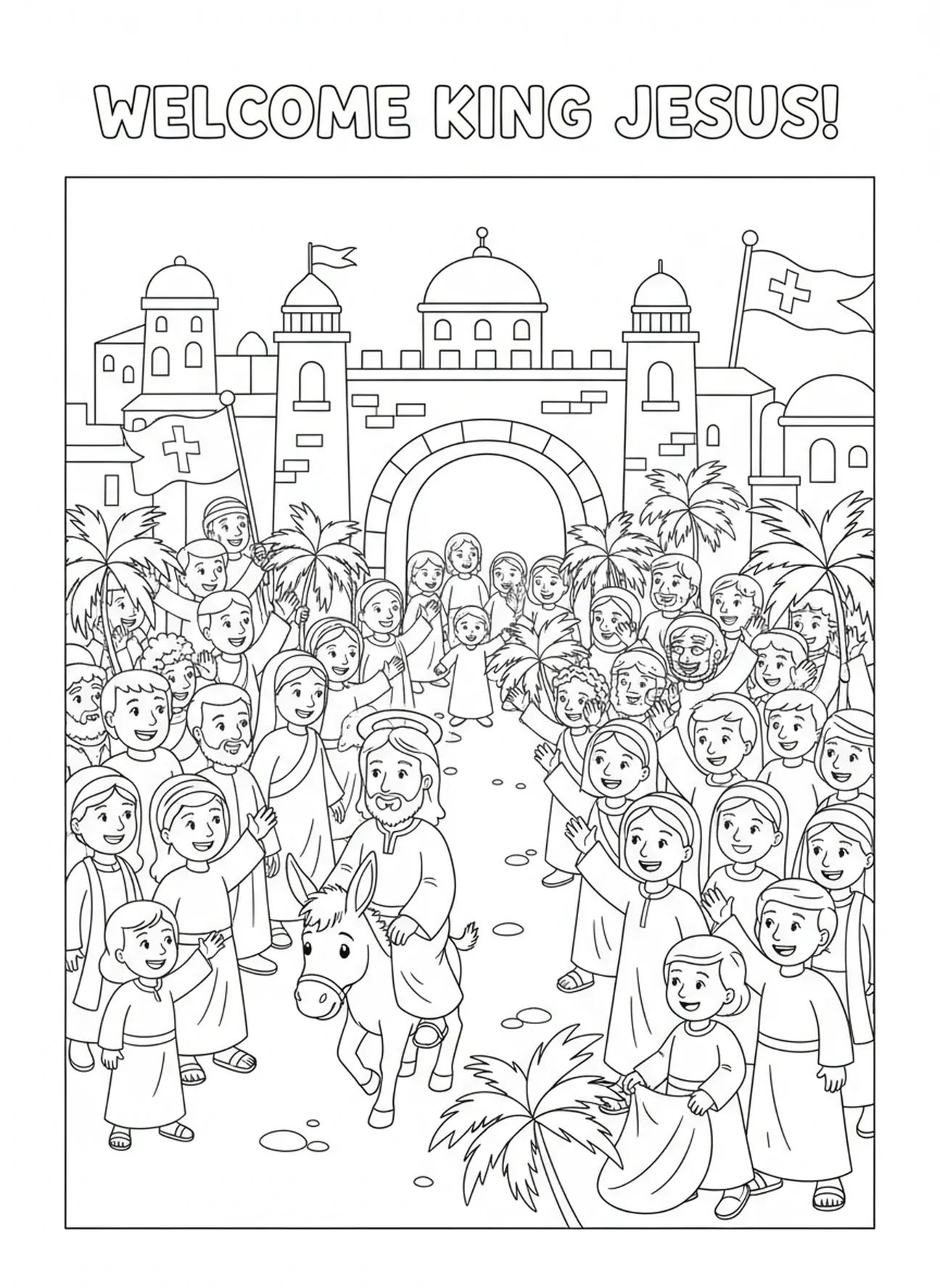 Jésus à la porte de la ville, page à colorier de l'Entrée triomphale avec une foule d'enfants agitant des rameaux de palmier pour les 5-10 ans.
