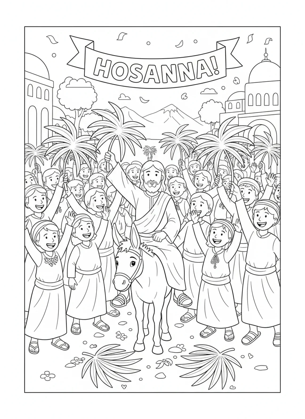 Des gens enjoués, page à colorier de l'Entrée triomphale avec une foule agitant des rameaux de palmier pour les enfants de 5 à 10 ans.