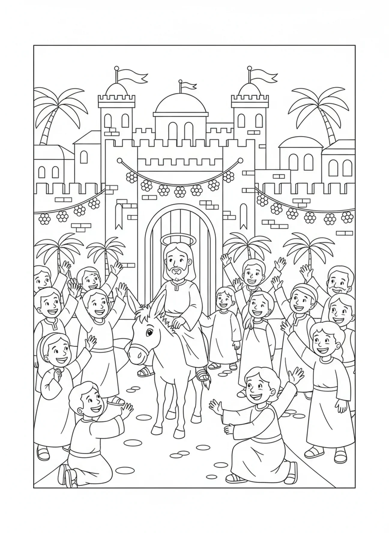 Jesus betritt das Stadttor, Einzug in Jerusalem Ausmalbild für Kinder im Alter von 5-10 Jahren