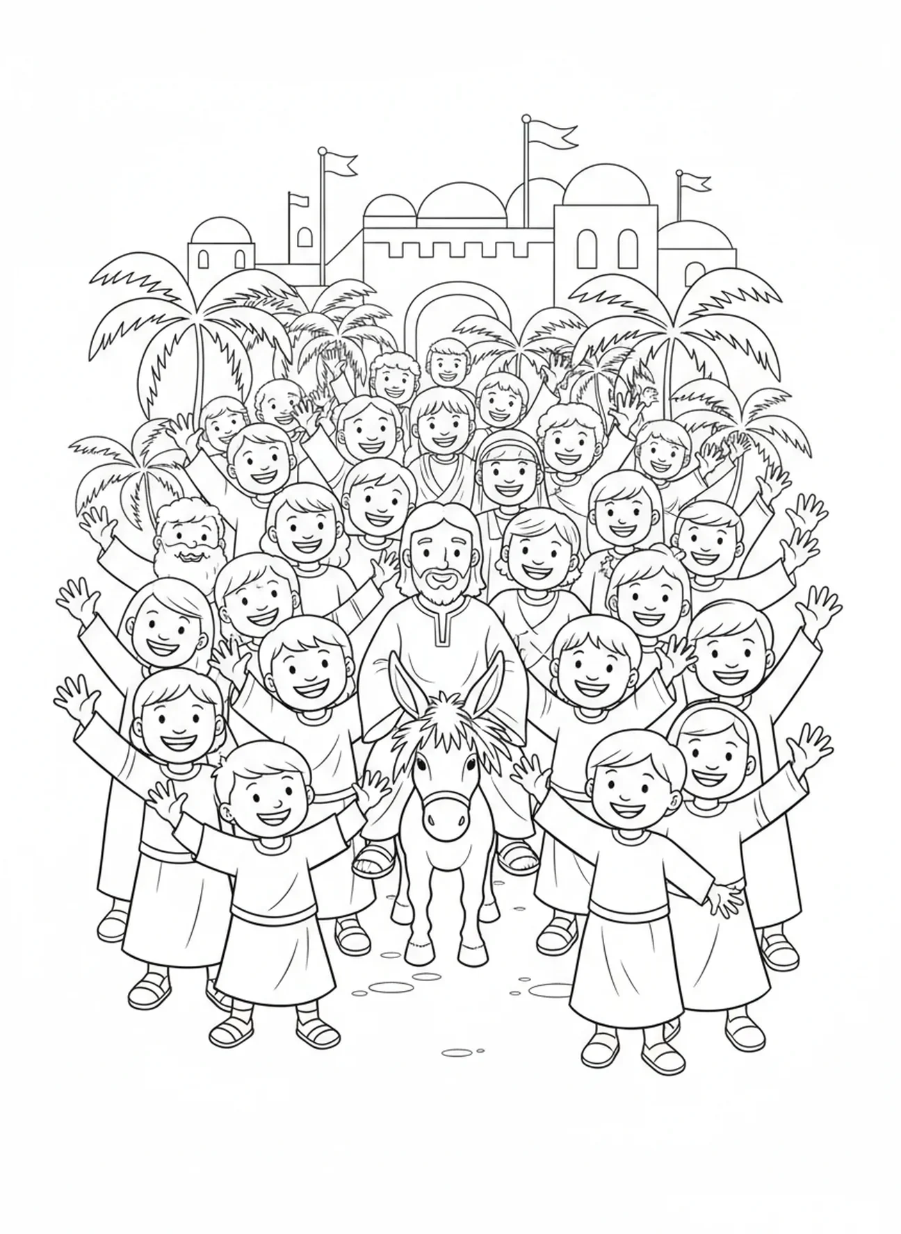 Menschenmenge feiert mit Palmzweigen, Einzug Jesu auf dem Esel Ausmalbild für Kinder im Alter von 5-10 Jahren