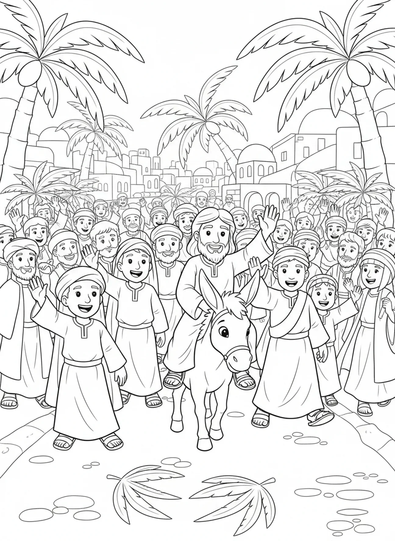 Jünger jubeln für Jesus, Einzug Jesu auf dem Esel Ausmalbild für Kinder im Alter von 5-10 Jahren