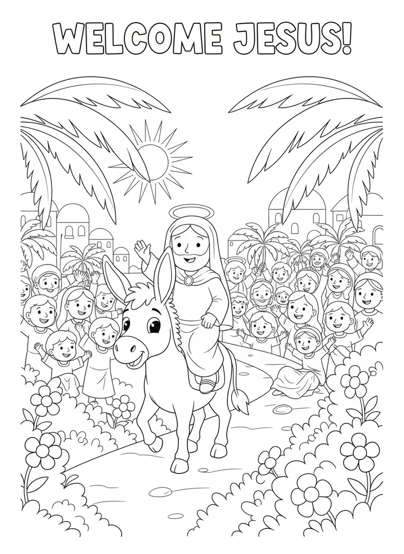Esel auf einem freudigen Weg, Einzug Jesu auf dem Esel Malvorlage für Kinder im Alter von 5-10 Jahren