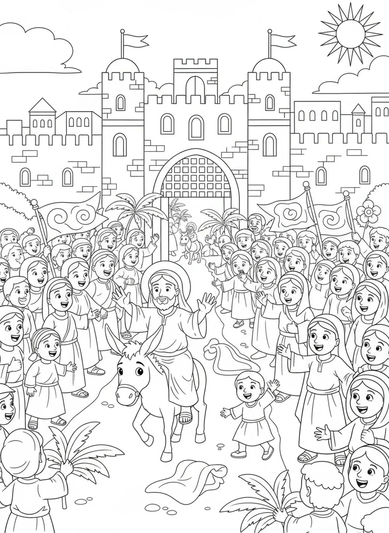Porte de la ville accueillant Jésus, page à colorier de l'Entrée triomphale pour les enfants de 5 à 10 ans