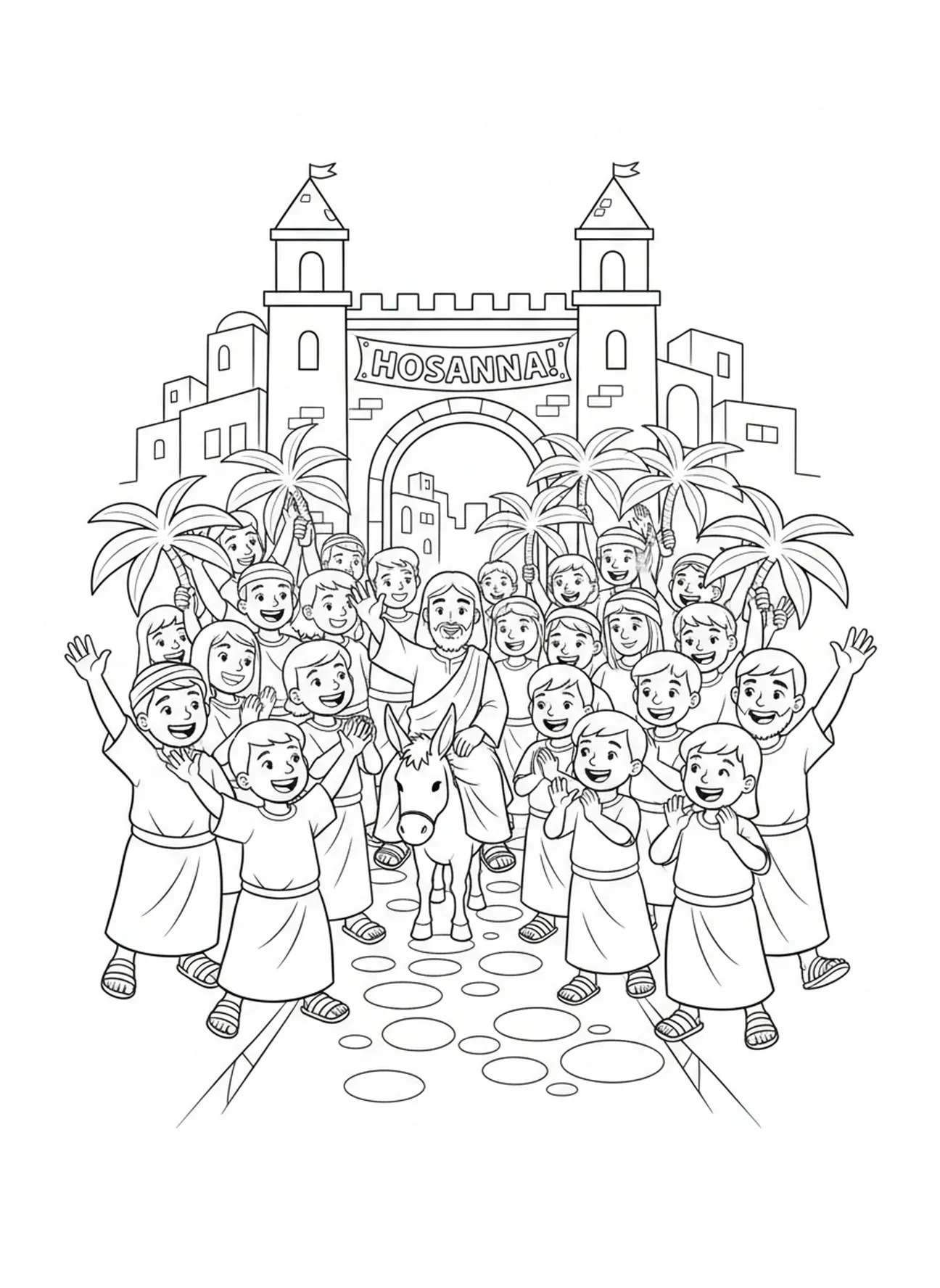 Foule en liesse, page à colorier sur l'Entrée triomphale pour les enfants de 5 à 10 ans