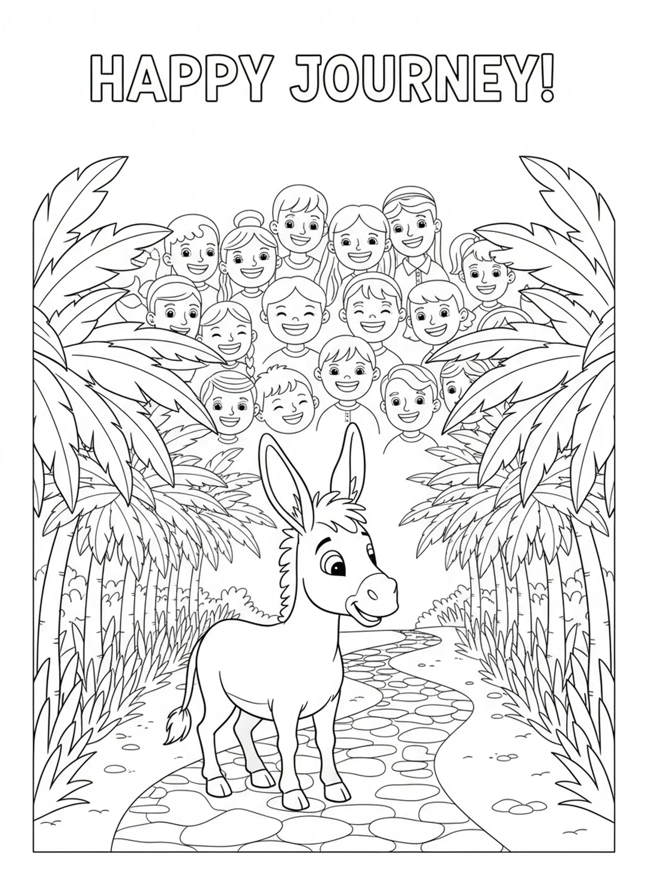 Âne sur le chemin, page à colorier de l'Entrée triomphale pour les enfants de 5 à 10 ans
