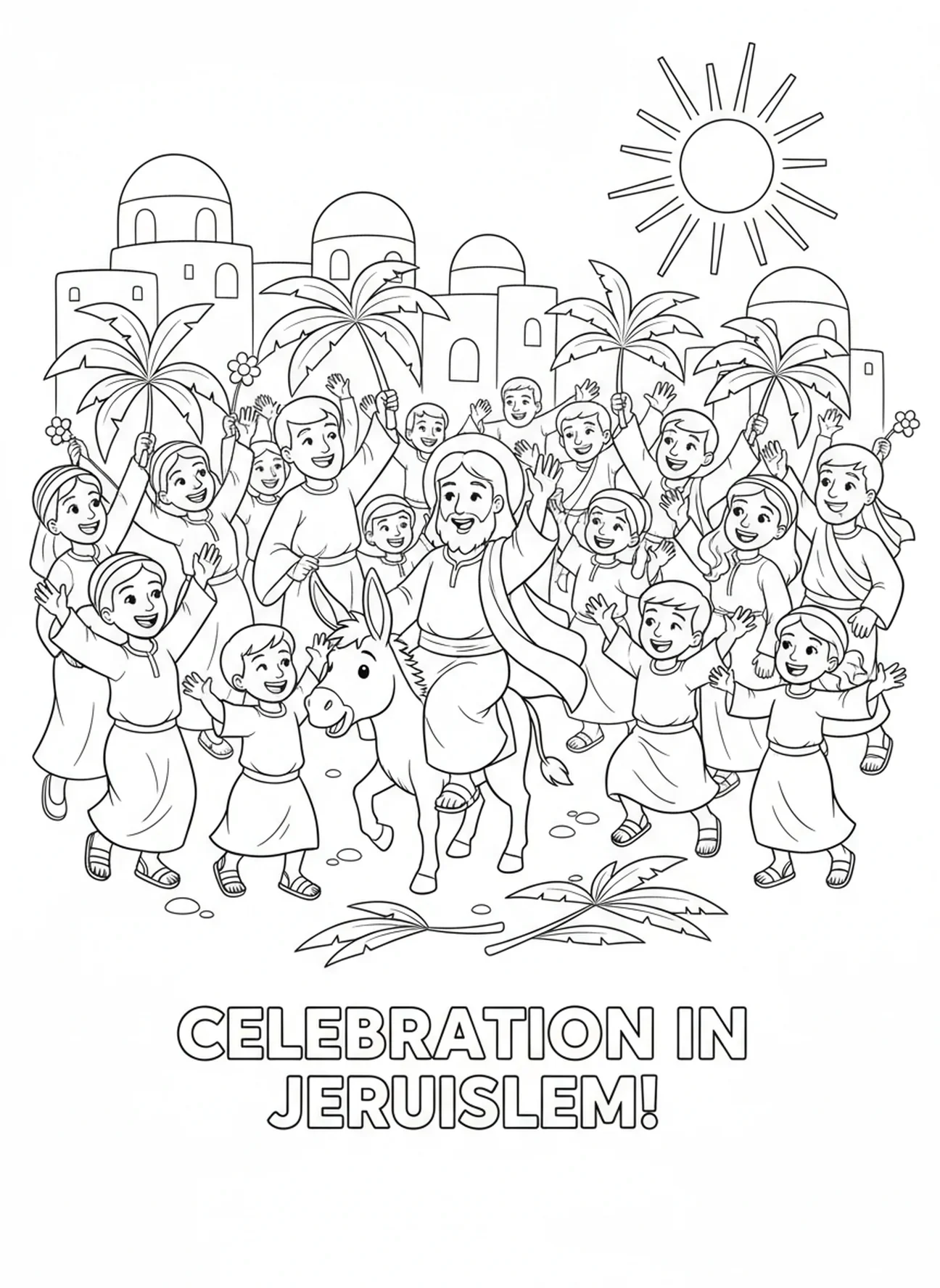 Célébration joyeuse à Jérusalem, page à colorier sur l'Entrée triomphale pour les enfants de 5 à 10 ans