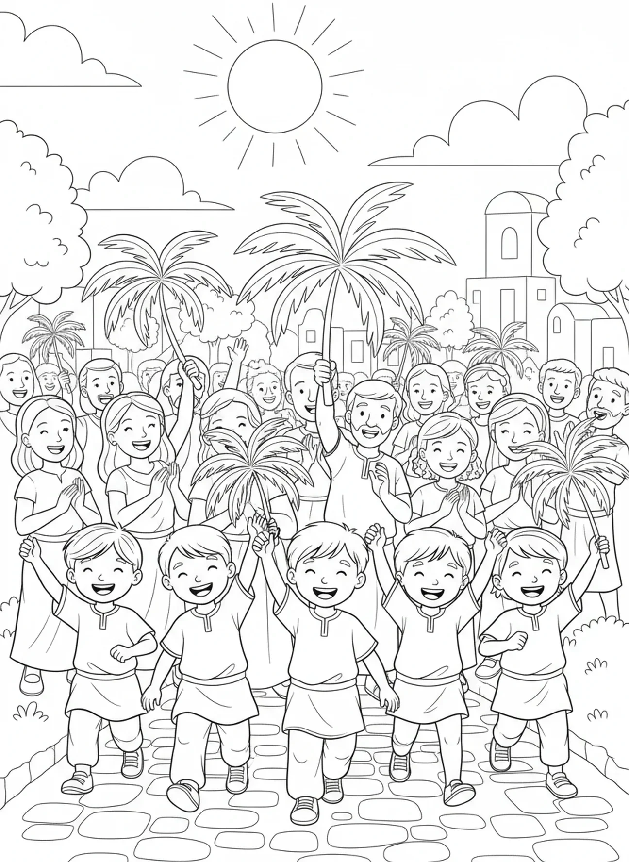 Enfants agitant des branches de palmier, page à colorier sur l'Entrée triomphale pour les enfants de 5 à 10 ans