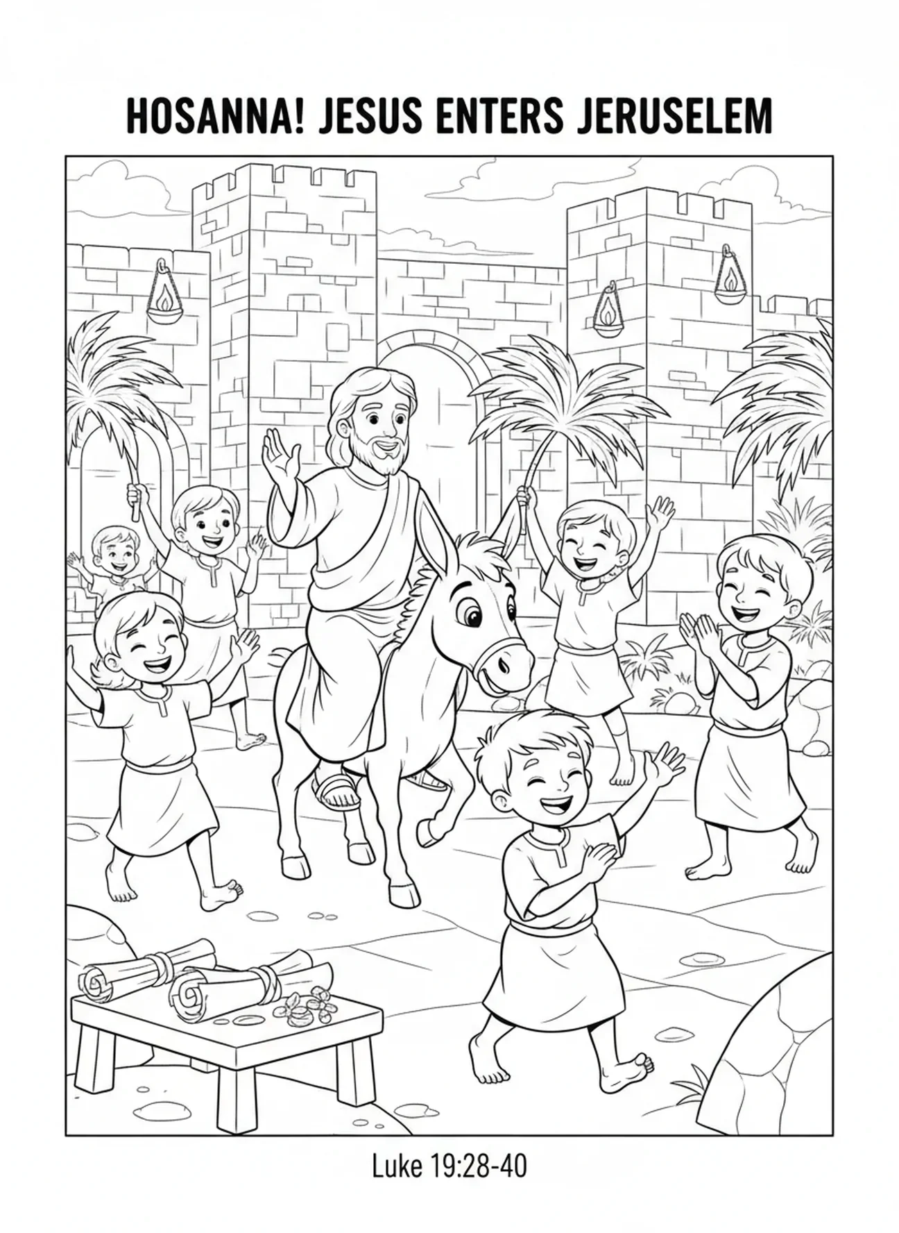 Aufgeregte Kinder, Ausmalbild zum triumphalen Einzug für Sonntagsschulkinder im Alter von 5-12 Jahren.