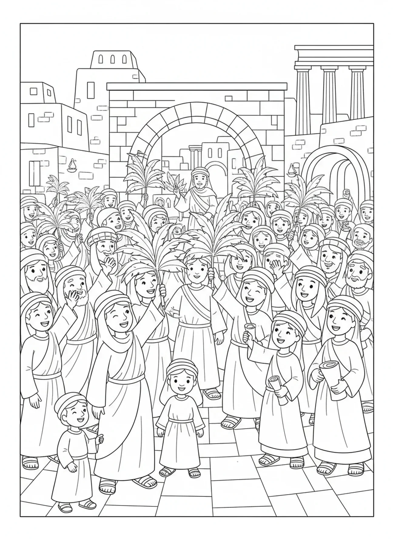 Fröhliche Menge, Ausmalbild zum triumphalen Einzug für Sonntagsschulkinder im Alter von 5-12 Jahren.