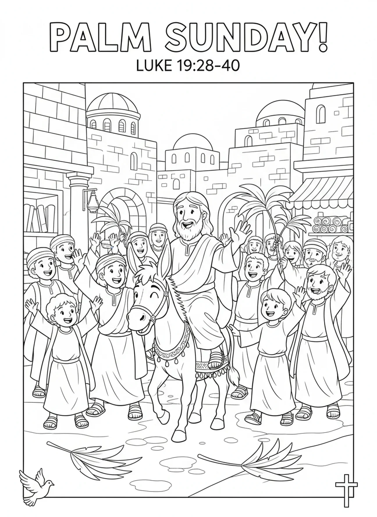 Jesus und seine Jünger, Ausmalbild zum triumphalen Einzug für Sonntagsschulkinder im Alter von 5-12 Jahren.