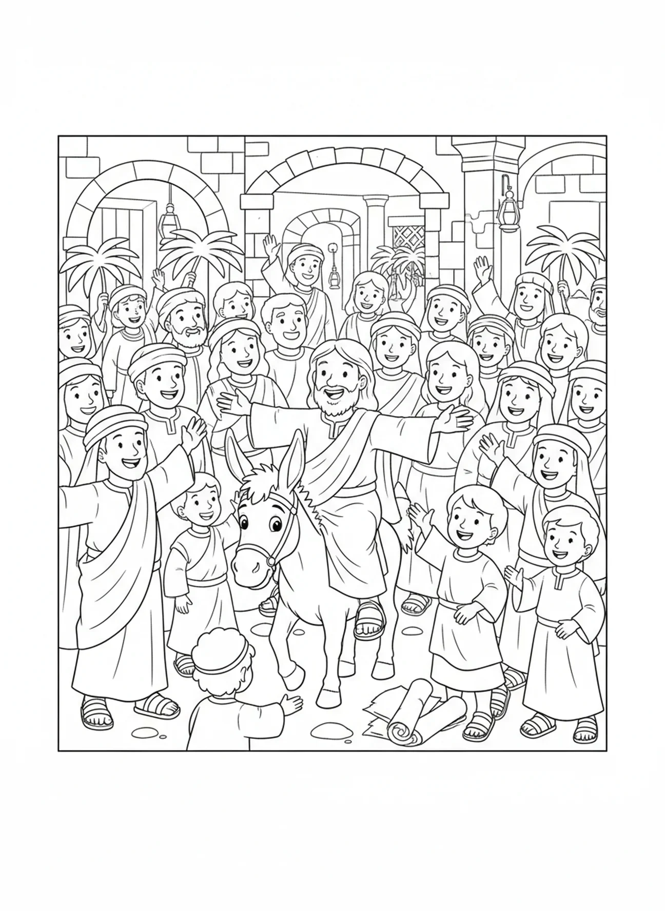 Jesus segnet die Menschen, Ausmalbild zum triumphalen Einzug für Sonntagsschulkinder im Alter von 5-12 Jahren.