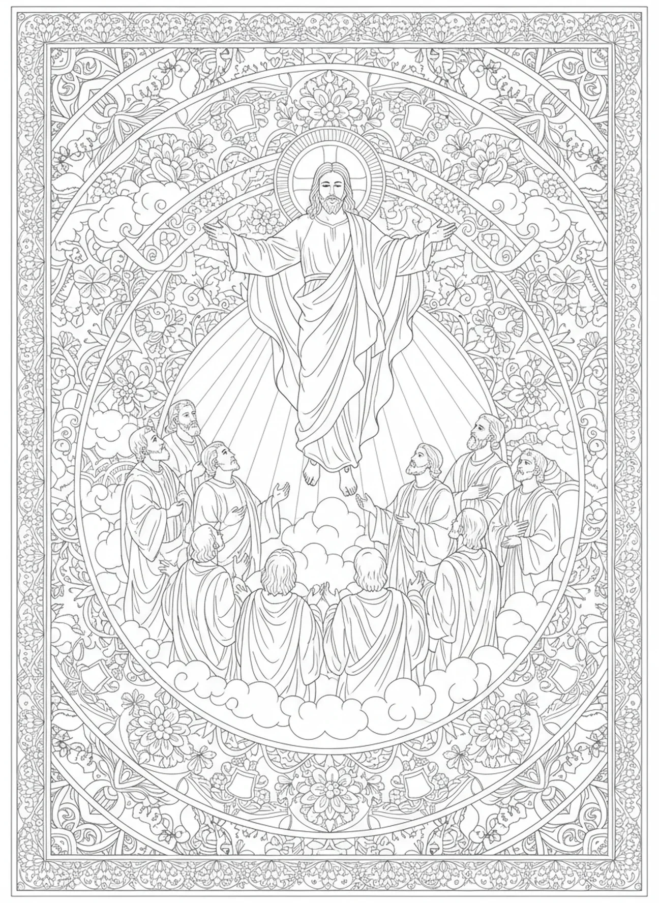 Himmelfahrt Jesu, Ausmalbild der zwölf Apostel im Stil des Bibel-Journalings für Erwachsene.