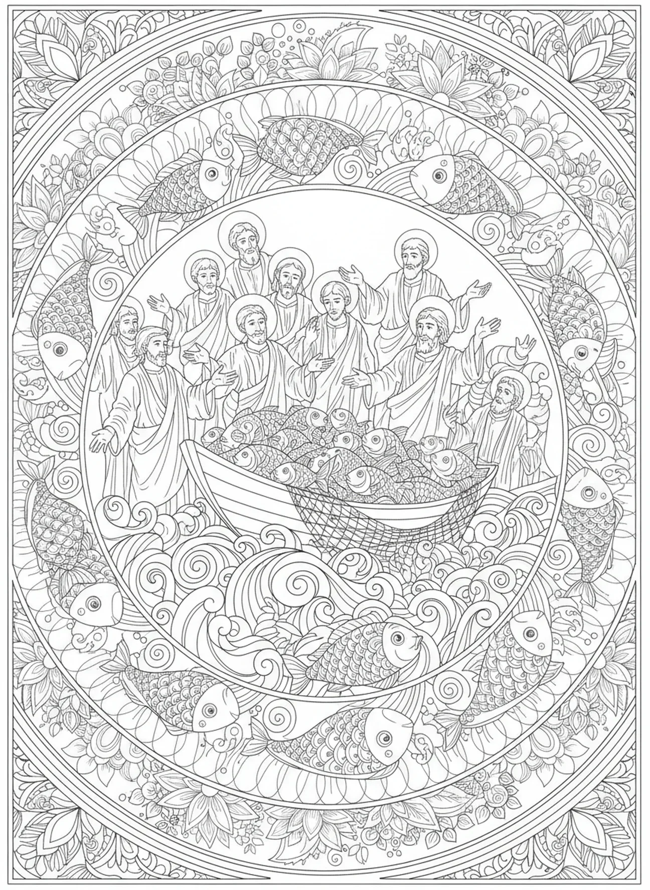 Wunderbarer Fischfang, Ausmalbild der Zwölf Apostel für Erwachsene im Bibel-Journaling-Stil.