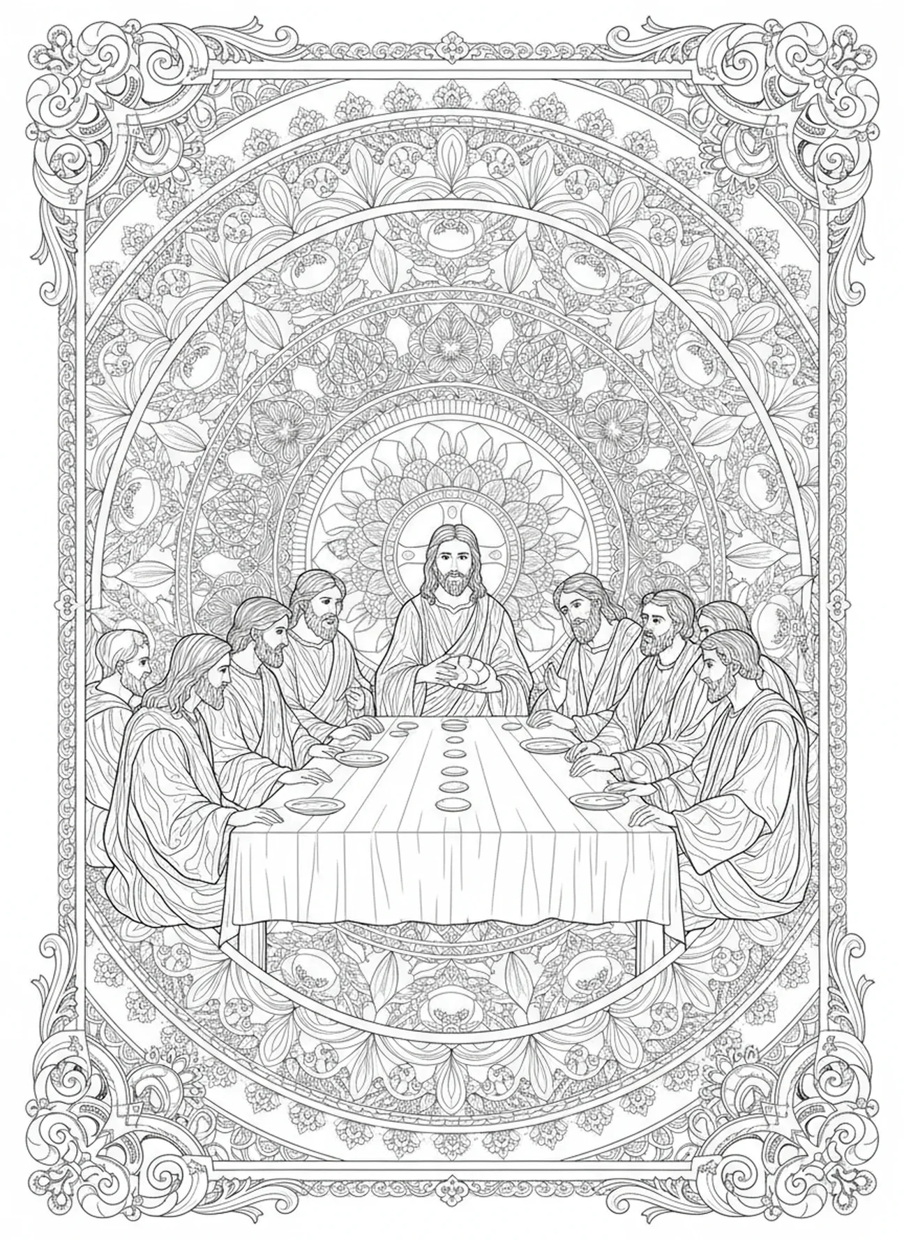 Brot teilen, Ausmalbild der Zwölf Apostel für Erwachsene im Stil des Bibeljournaling.