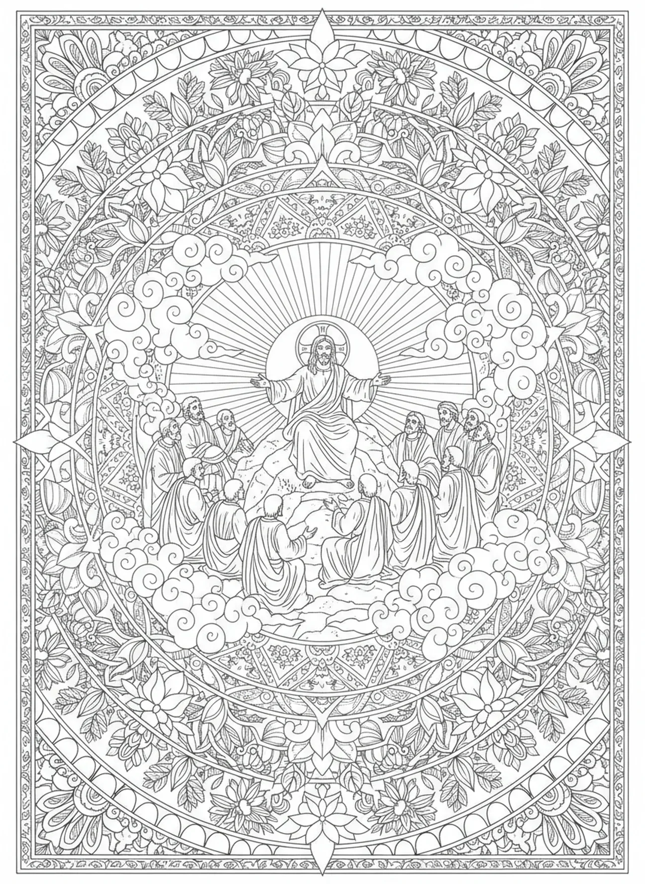 Jesus lehrt die Apostel, Ausmalbild der Zwölf Apostel im Stil des Bibeljournaling für Erwachsene.