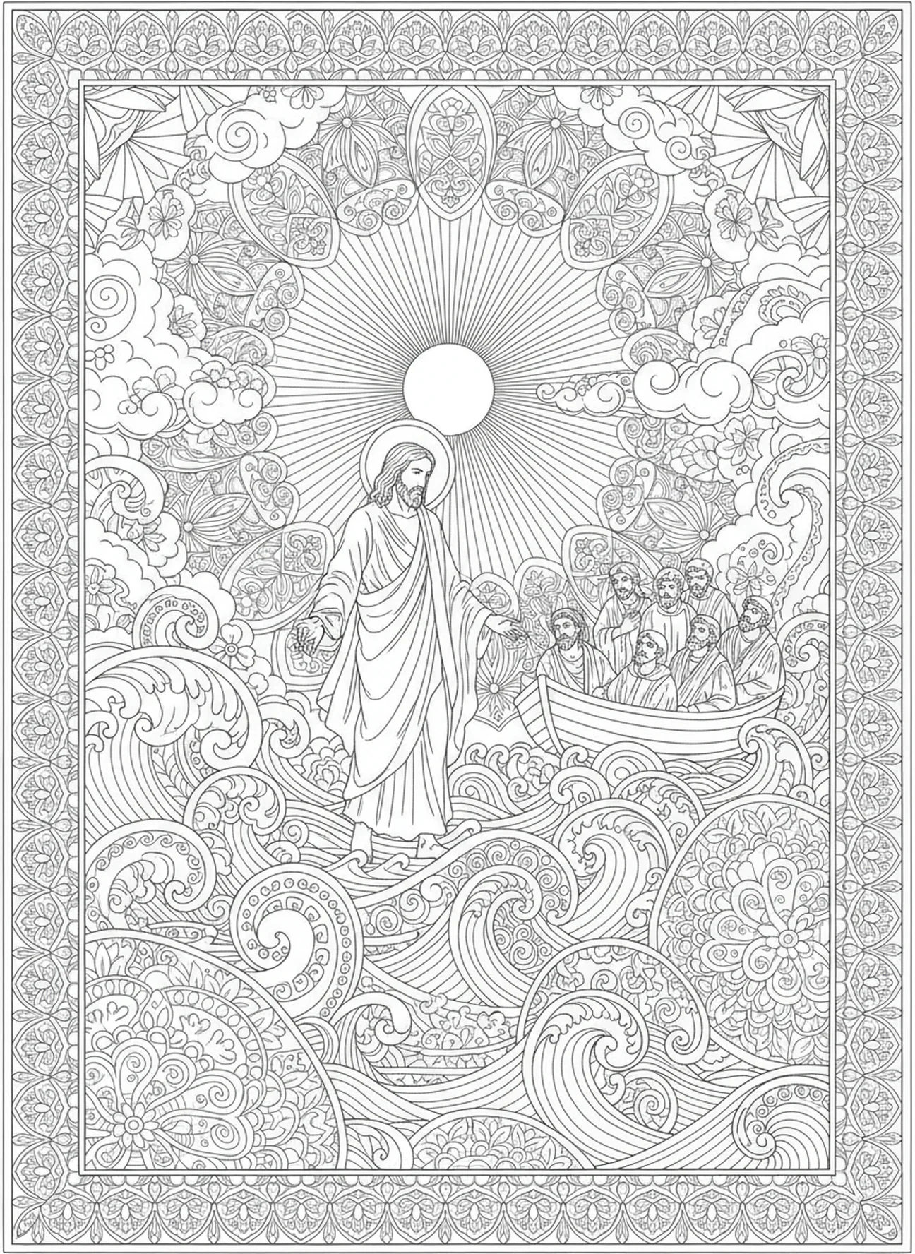 Jesus geht auf dem Wasser, Ausmalbild der Zwölf Apostel im Stil des Bibeljournaling für Erwachsene.