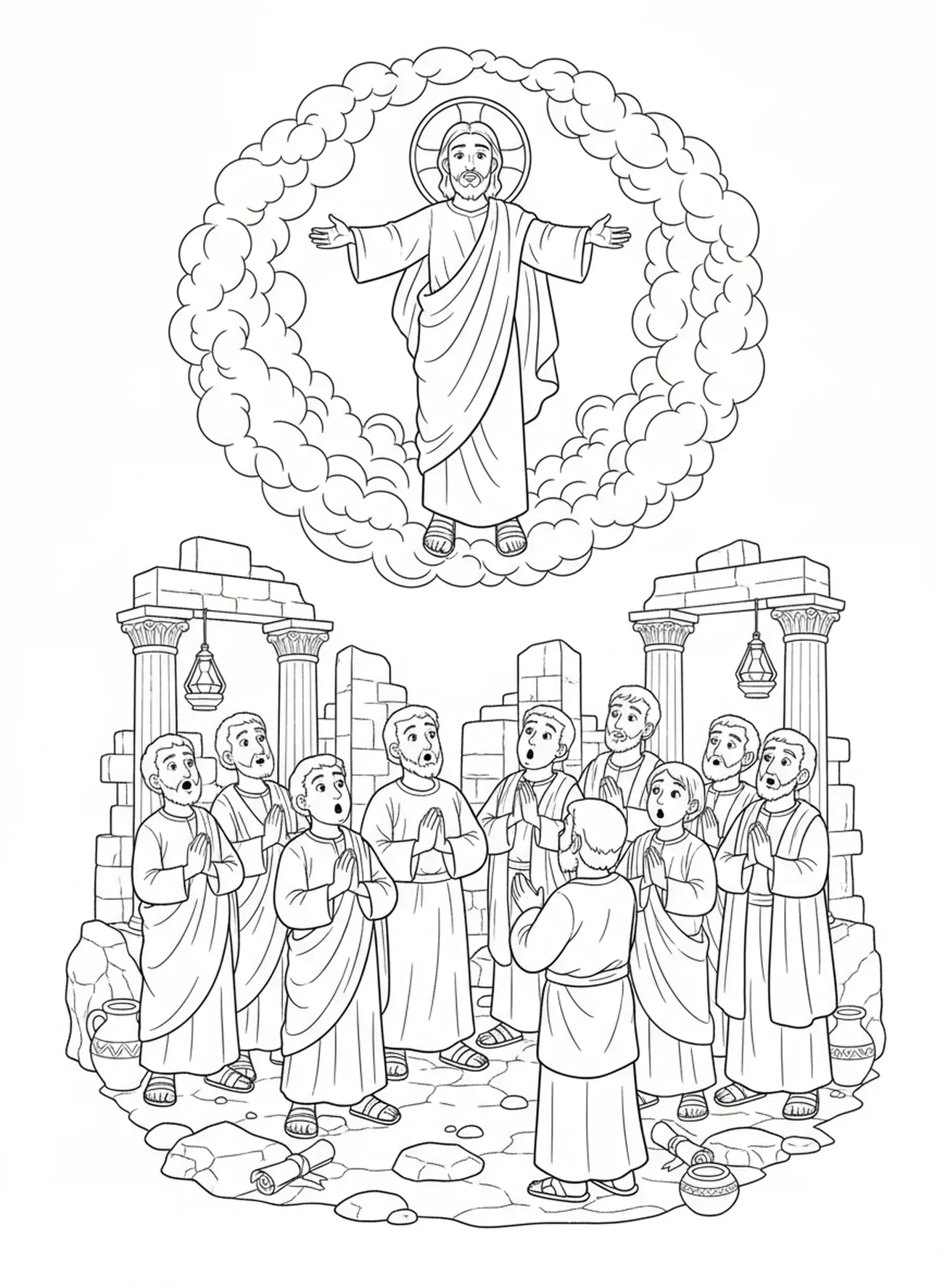Apóstolos observando a ascensão de Jesus, página de colorir dos Doze Apóstolos para crianças da Escola Dominical de 5 a 12 anos