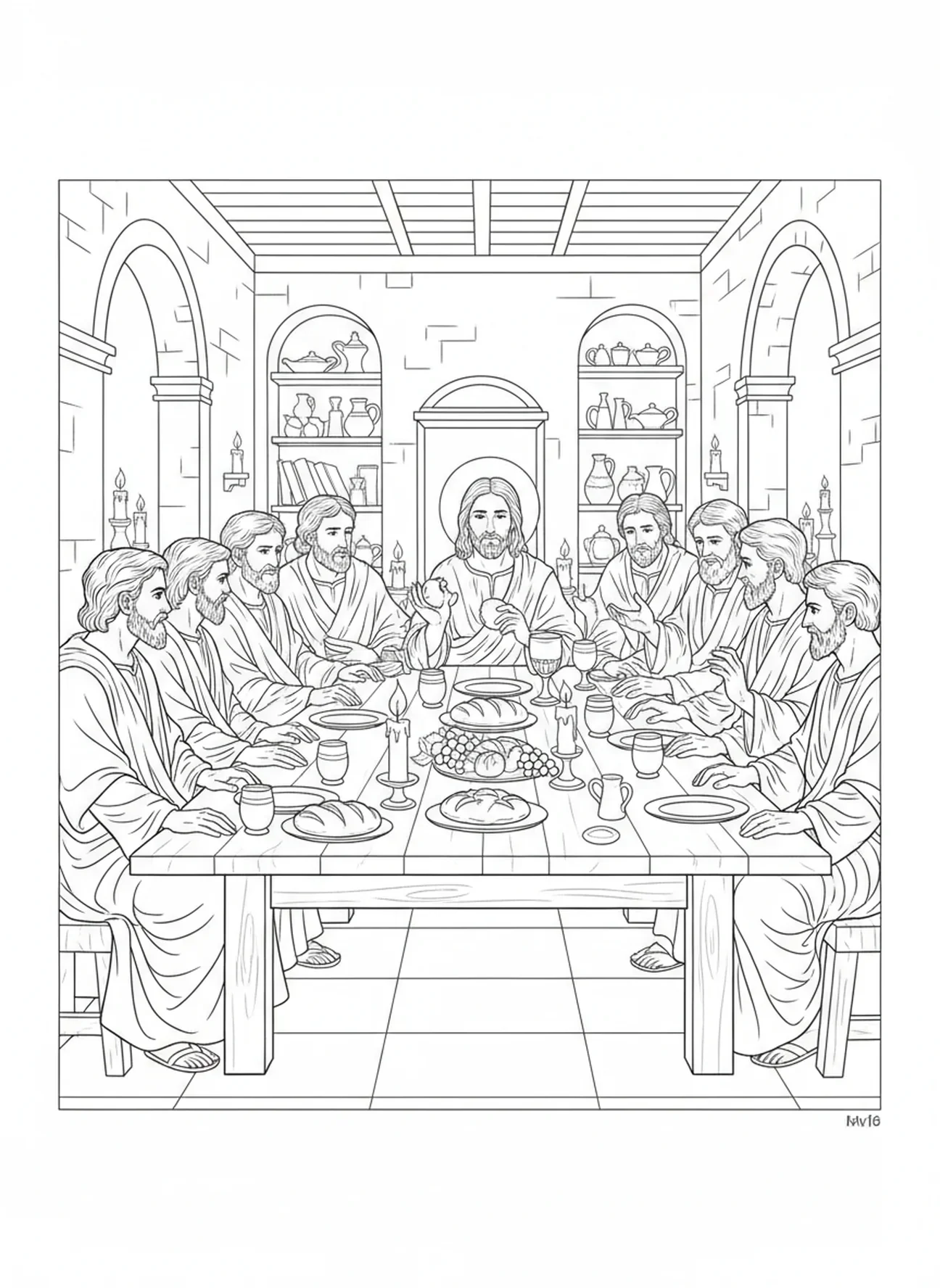 Apóstolos na mesa da Última Ceia, página para colorir dos Doze Apóstolos para crianças da Escola Dominical de 5 a 12 anos