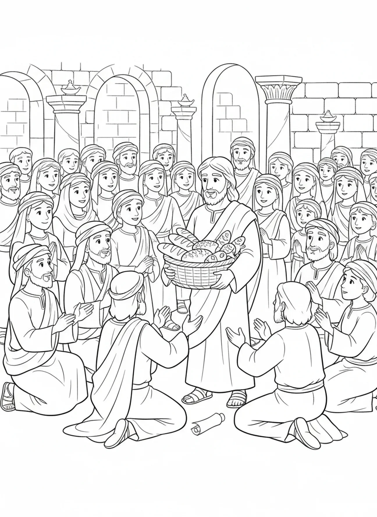 Jesus compartilhando pão e peixe, página de colorir dos Doze Apóstolos para crianças da Escola Dominical de 5 a 12 anos