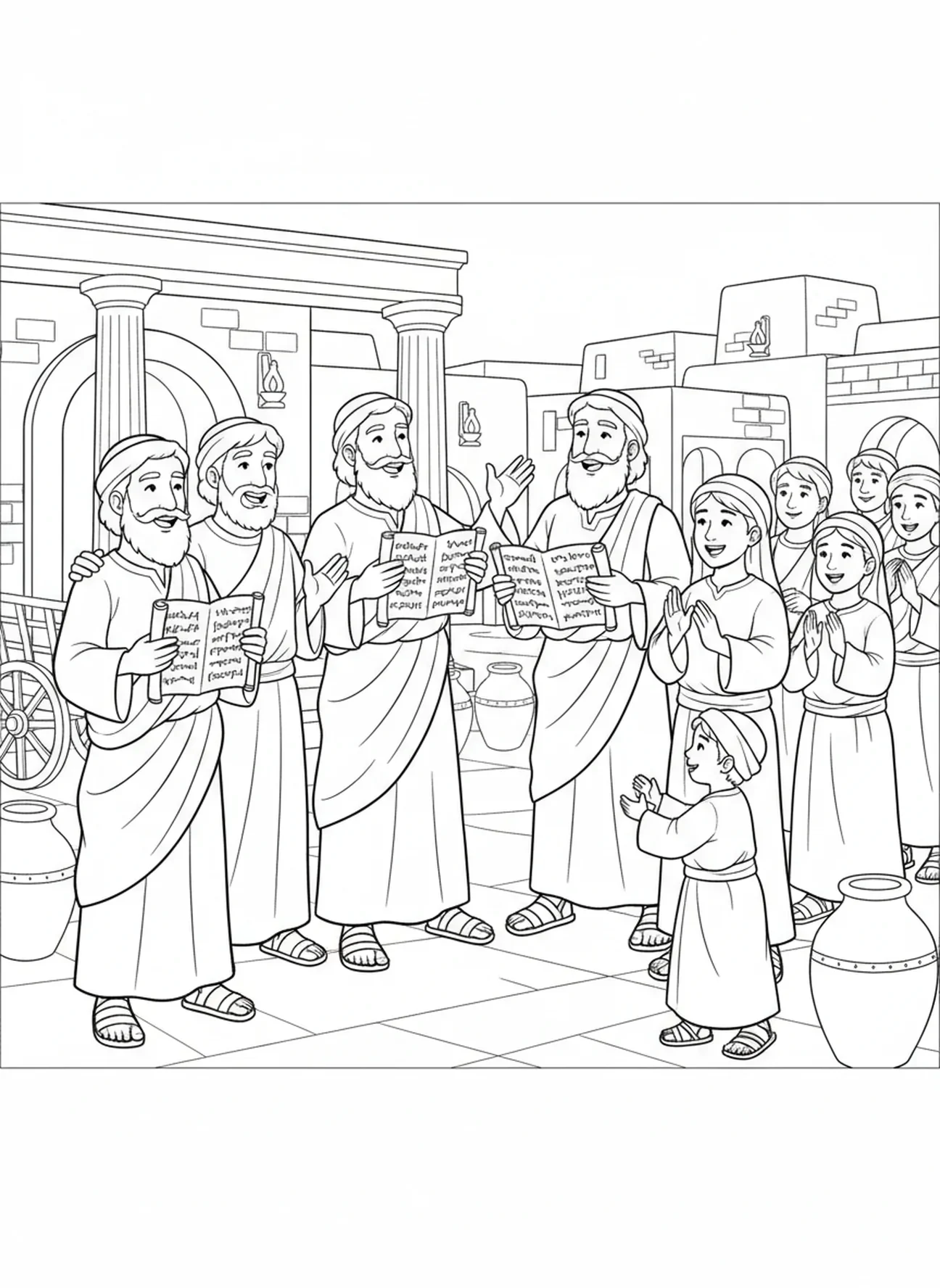 Apóstolos compartilhando o evangelho em uma vila, página para colorir dos Doze Apóstolos para crianças de 5 a 12 anos na Escola Dominical