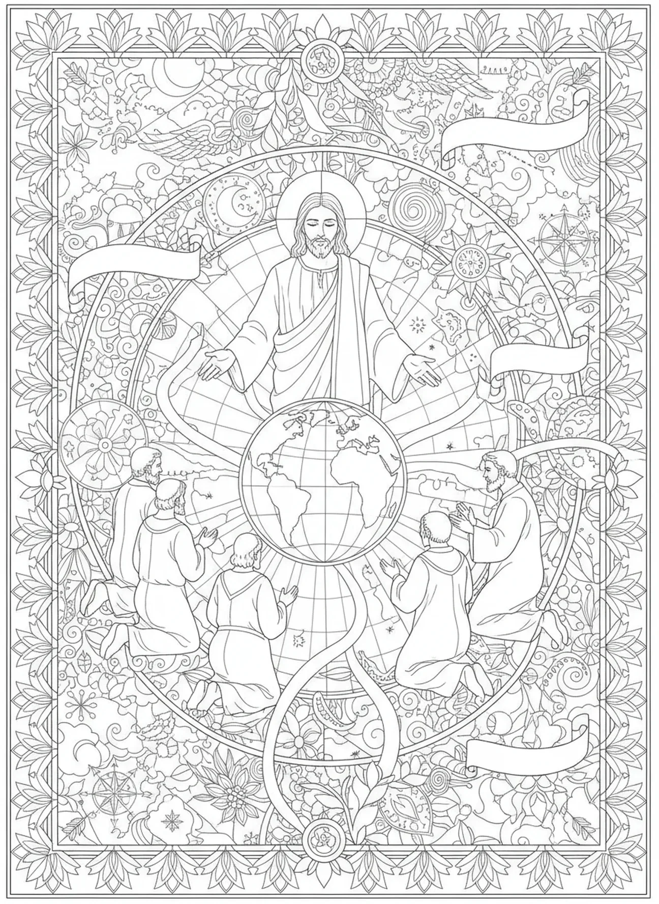 Jesus comissionando os discípulos, página de colorir dos Doze Discípulos no estilo de journaling bíblico para adultos.
