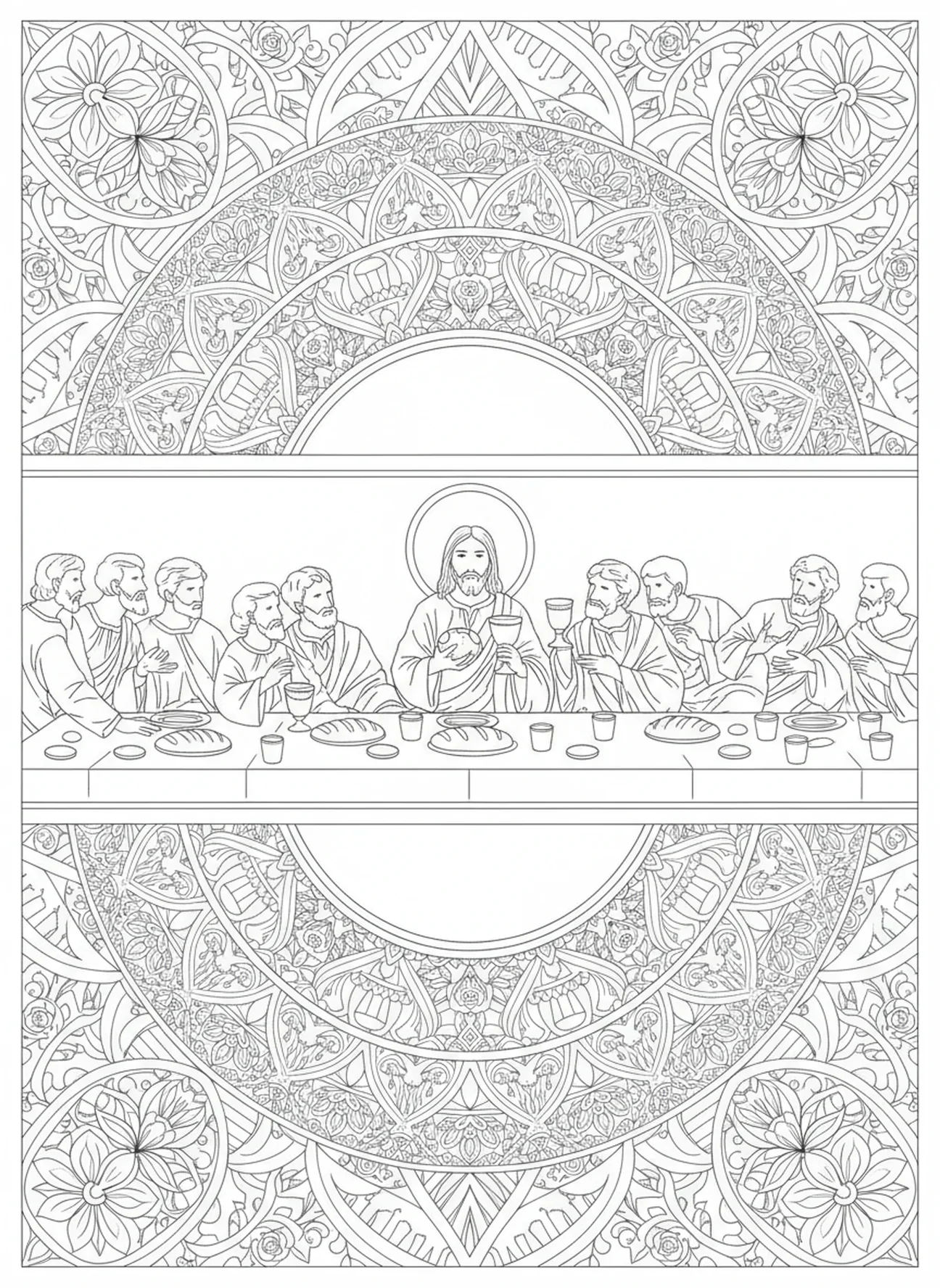 Jesus na Última Ceia, página para colorir com os Doze Discípulos no estilo de journaling bíblico para adultos.