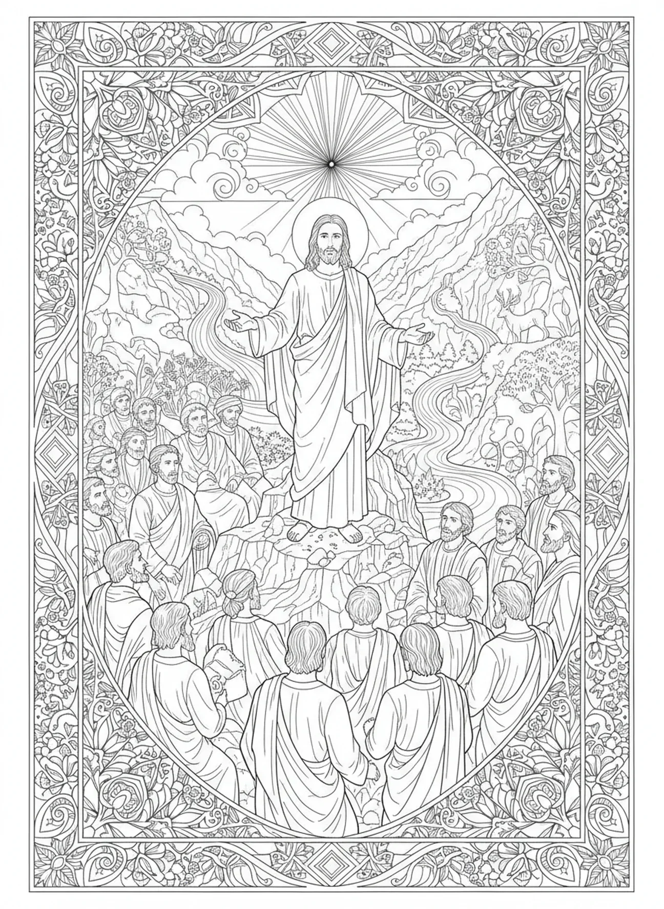 Jesus pregando no Sermão da Montanha, página de colorir dos Doze Discípulos no estilo de journaling bíblico para adultos.