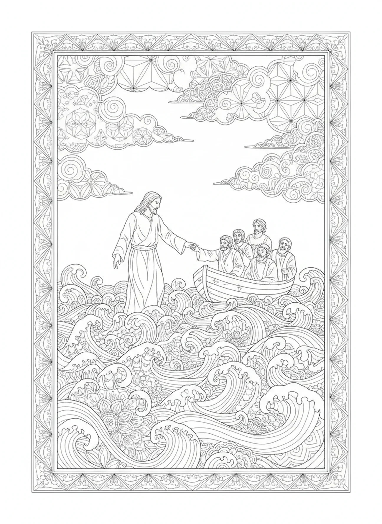 Jesus andando sobre as águas, página de colorir dos Doze Discípulos no estilo de journaling bíblico para adultos.