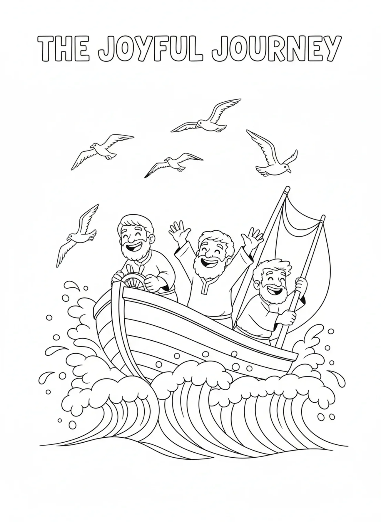 Discípulos navegando alegremente em um barco, página para colorir dos Doze Discípulos para crianças de 5 a 10 anos.