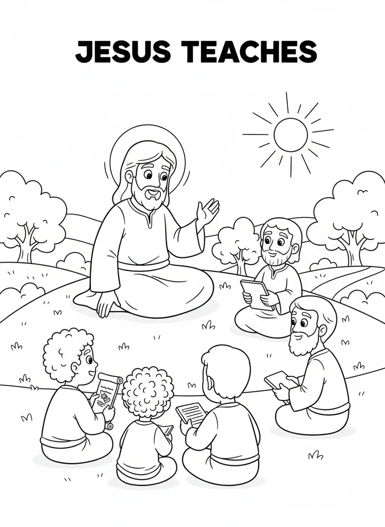 Jesus ensinando discípulos atentos, página de colorir dos Doze Discípulos para crianças de 5 a 10 anos.