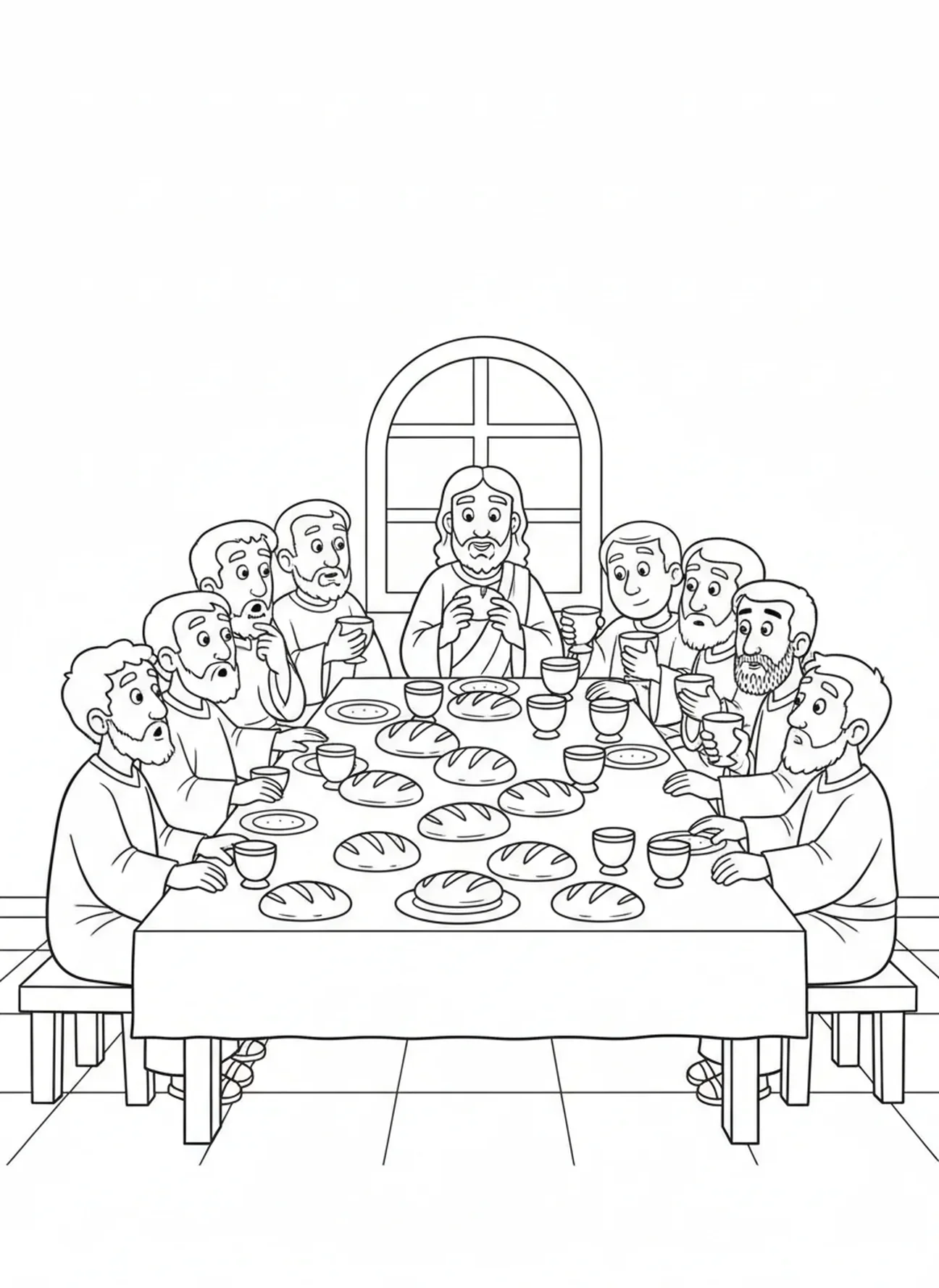 Jesus e doze discípulos na Última Ceia, página de colorir dos Doze Discípulos para crianças de 5 a 10 anos.