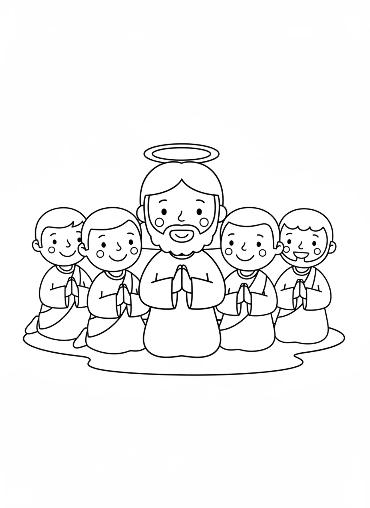 Jezus en drie discipelen bidden, kleurplaat van de Twaalf Discipelen voor peuters van 3-5 jaar.
