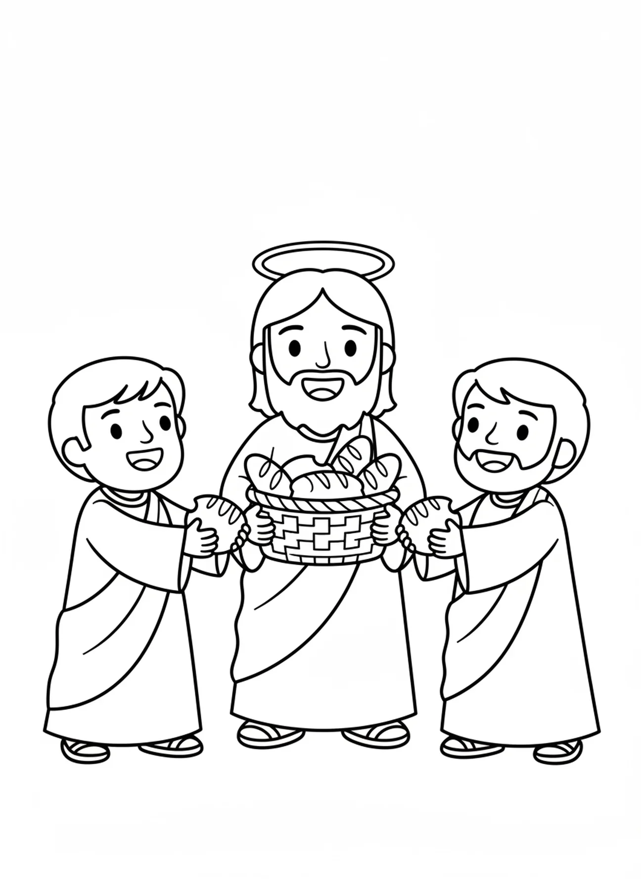 Lachende Jezus met mand, Kleurplaat van de Twaalf Apostelen voor peuters van 3-5 jaar.