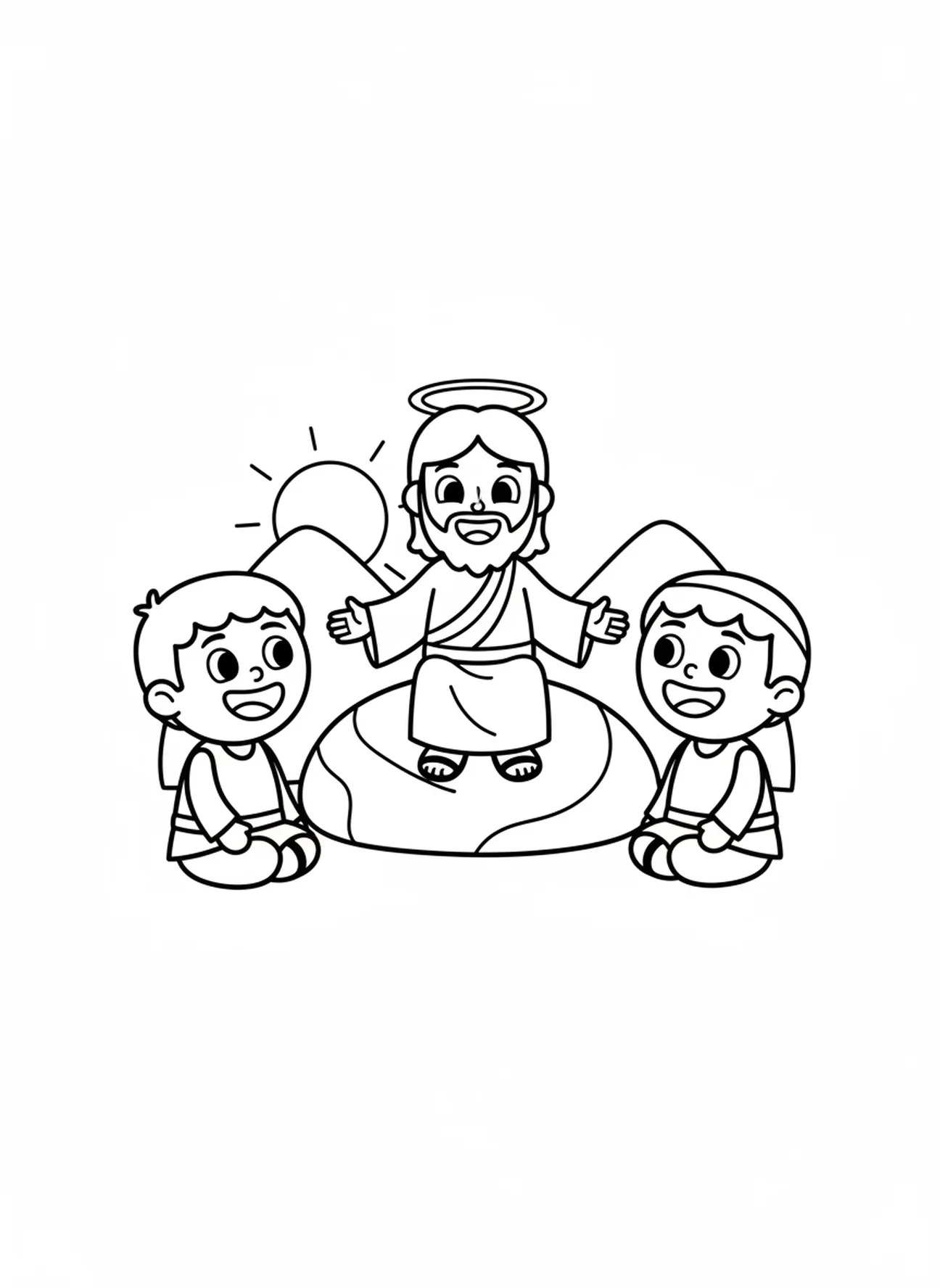 Jezus onderwijst zijn discipelen, kleurplaat van de Twaalf Discipelen voor kleuters van 3-5 jaar.