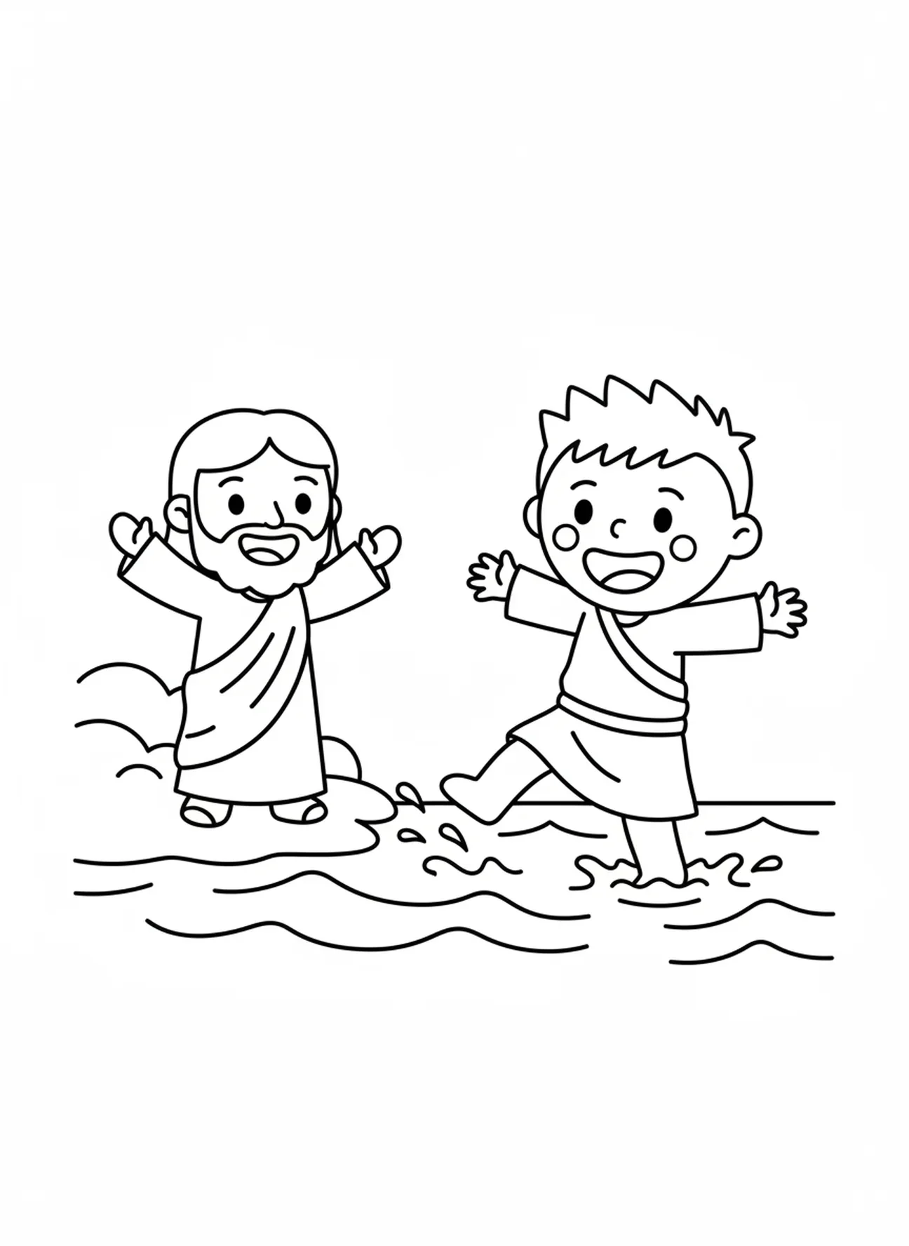 Glunderende Petrus op het water, Kleurplaat van de Twaalf Disciple voor peuters van 3-5 jaar.