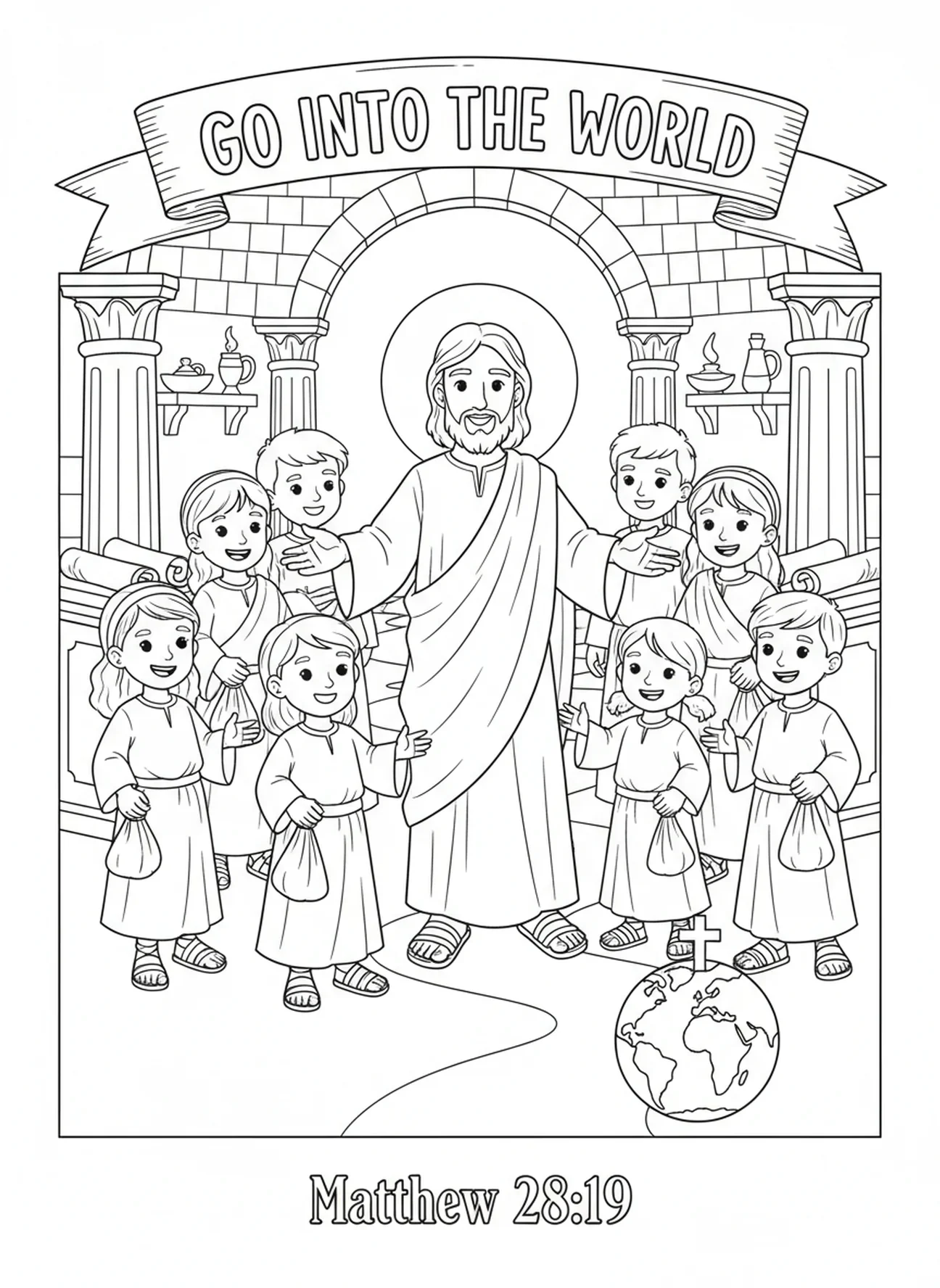 Die Jünger werden ausgesandt, Ausmalbild der zwölf Jünger für Kinder im Alter von 5-12 Jahren in der Sonntagsschule