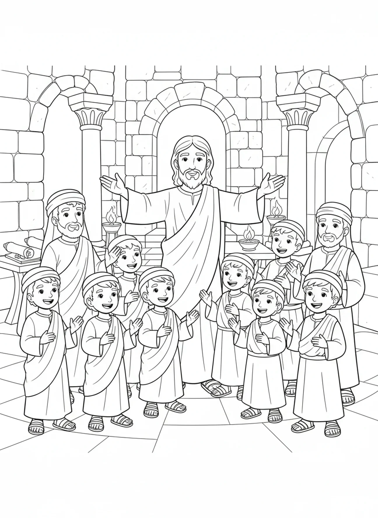 Jesus segnet seine Jünger, Ausmalbild der Zwölf Jünger für die Sonntagsschule für Kinder im Alter von 5-12 Jahren