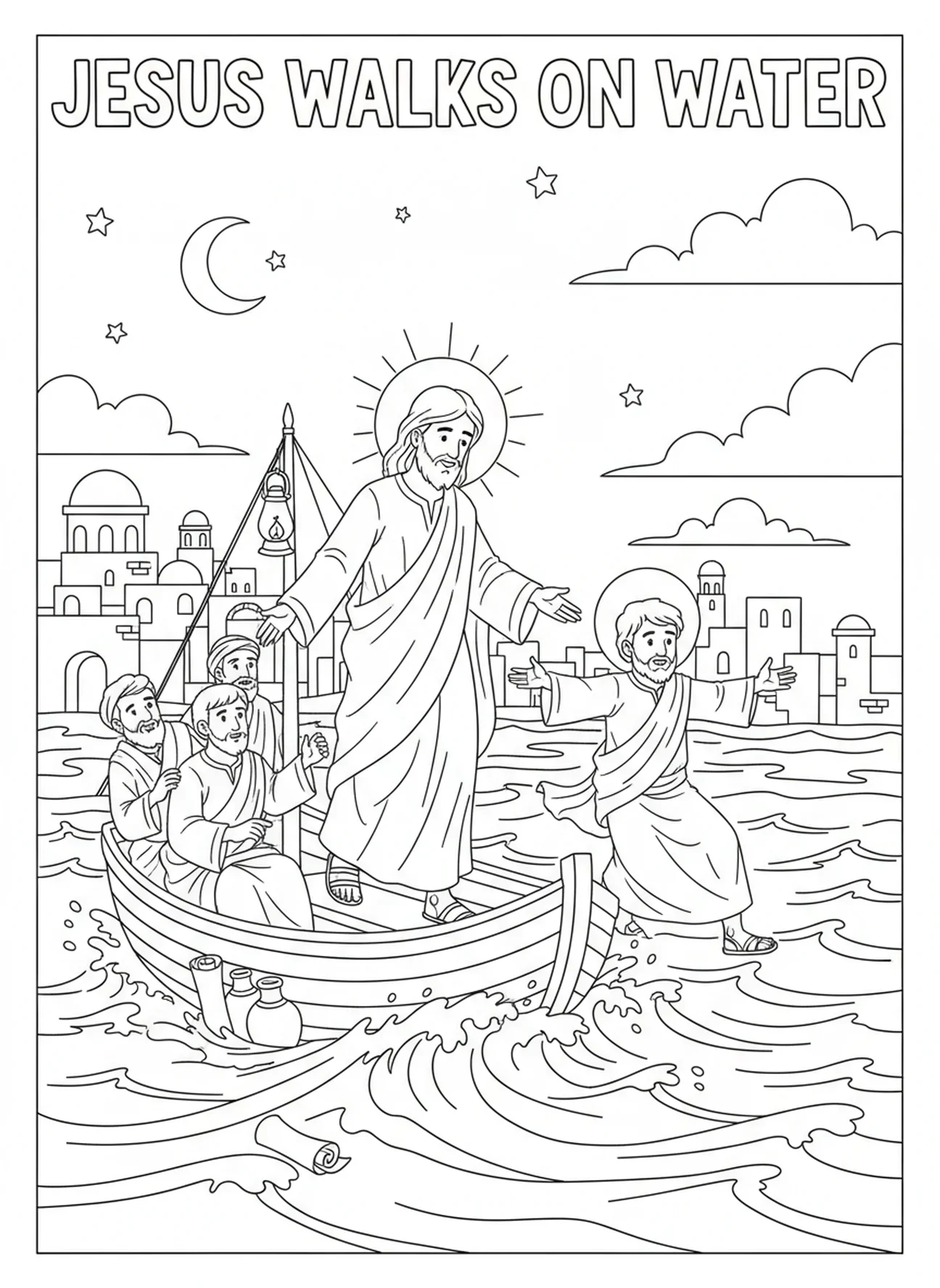 Jesus geht auf dem Wasser, Ausmalbild der zwölf Jünger für die Sonntagsschule für Kinder im Alter von 5-12 Jahren